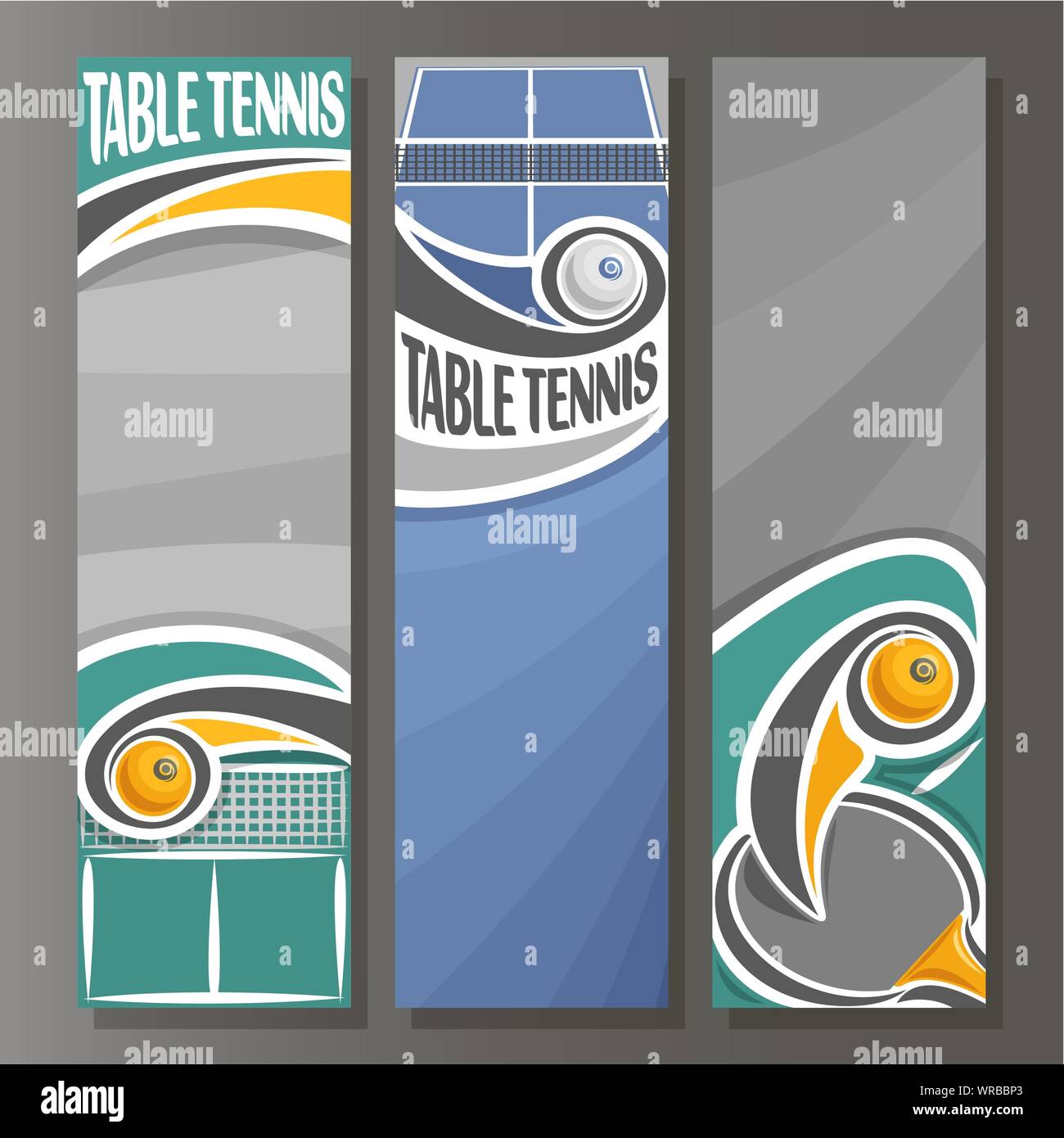Vector set of vertical banners for Table Tennis: 3 templates for text on table tennis theme, ping pong racket with flying ball above net on grey backg Stock Vector