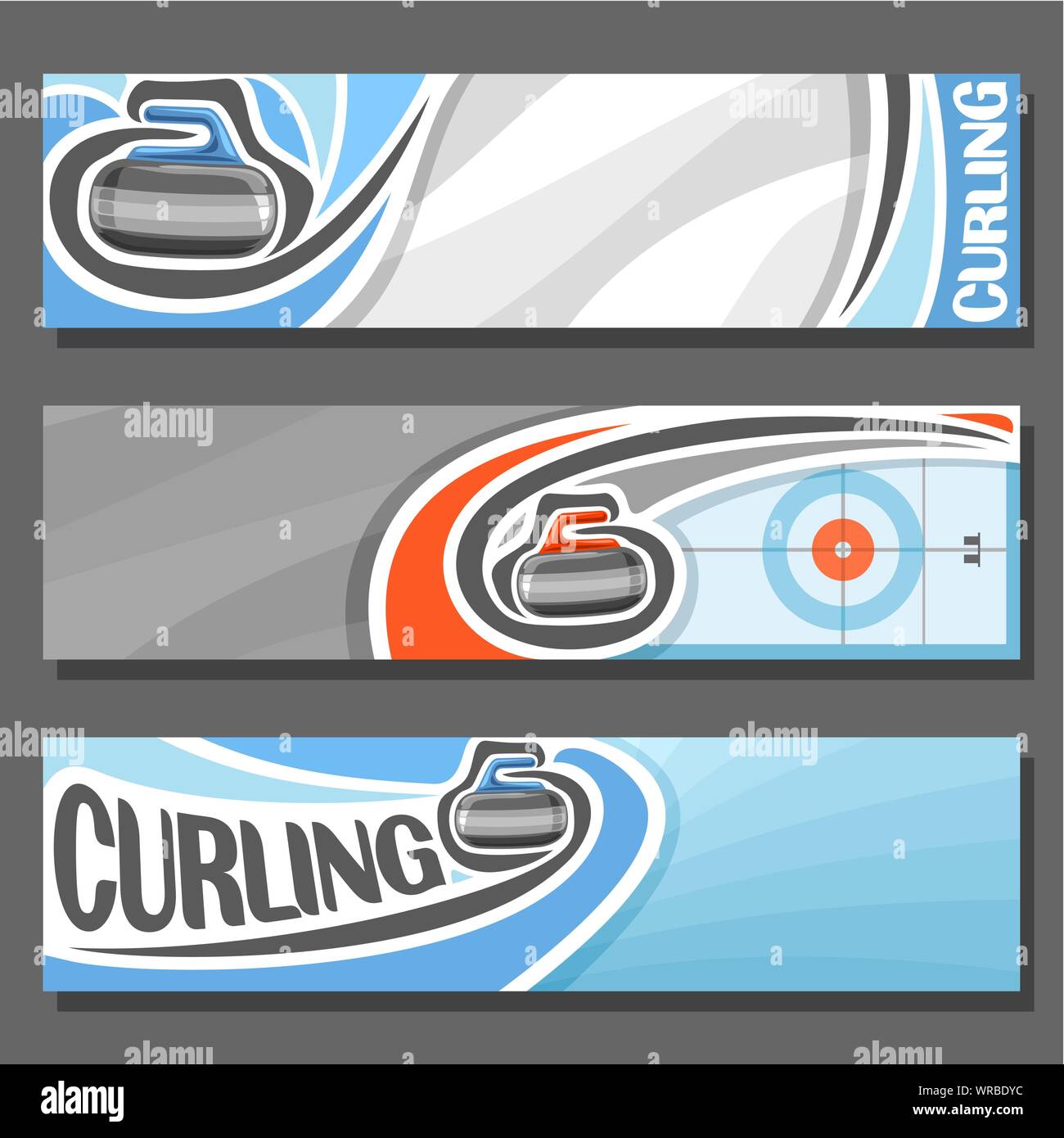 Vector horizontal banners for Curling: 3 cartoon covers for text on curling theme, on ice rink granite stone sliding in target on gray background. Stock Vector