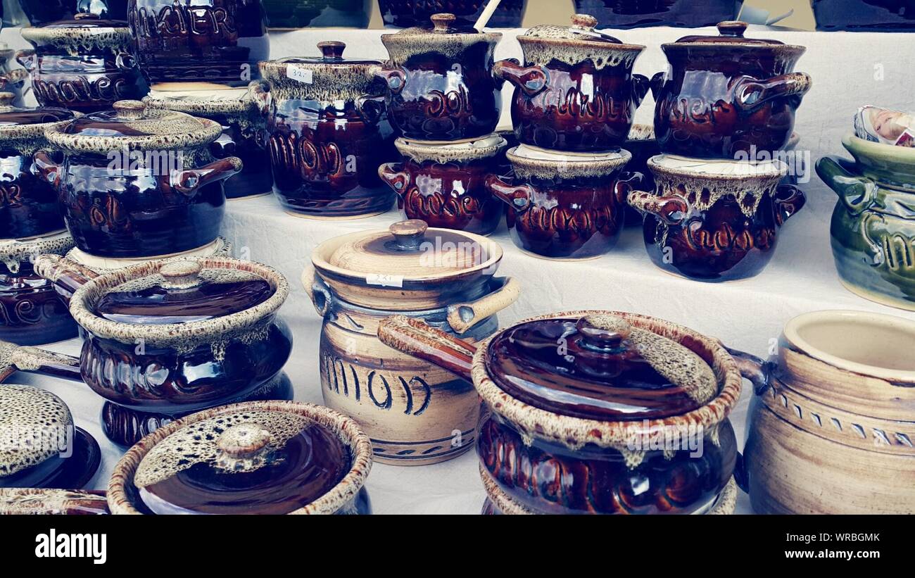 Potteries For Sale At Market Stall Stock Photo