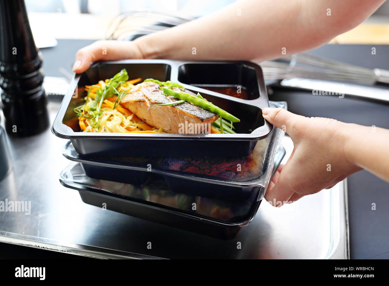 Catering. Appetizing lunch boxes. Food delivered to your doorstep Stock