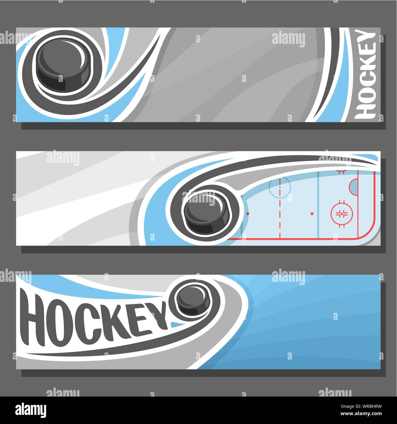 Vector horizontal banners for Ice Hockey 3 cartoon covers for text on hockey theme, sports ice rink with sliding on trajectory puck on gray backgroun Stock Vector Image and Art