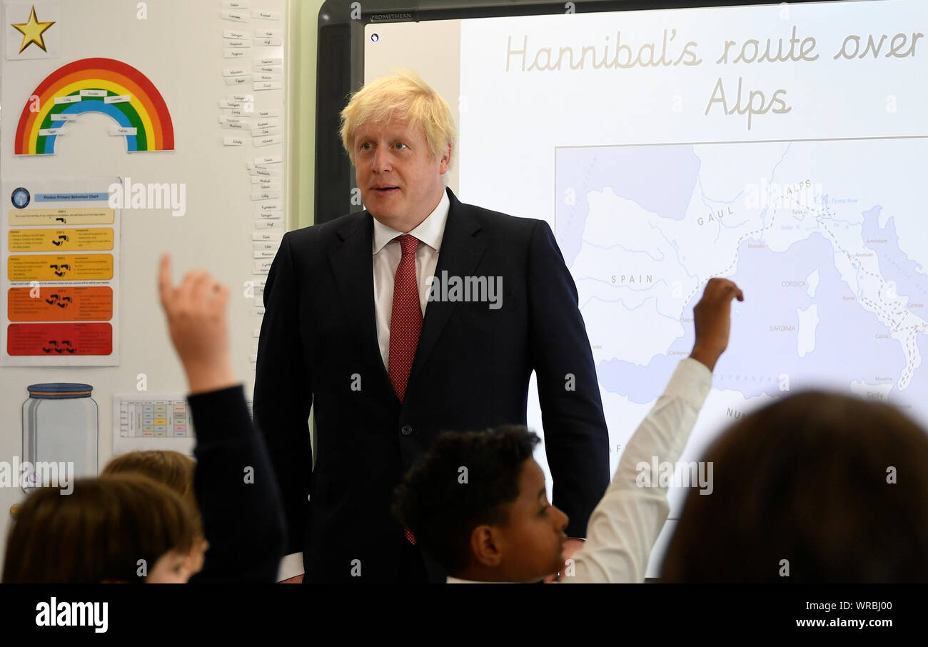 Prime Minister Boris Johnson during a visit to Pimlico Primary school in South West London, to meet staff and students and launch an education drive which could see up to 30 new free schools established. Stock Photo