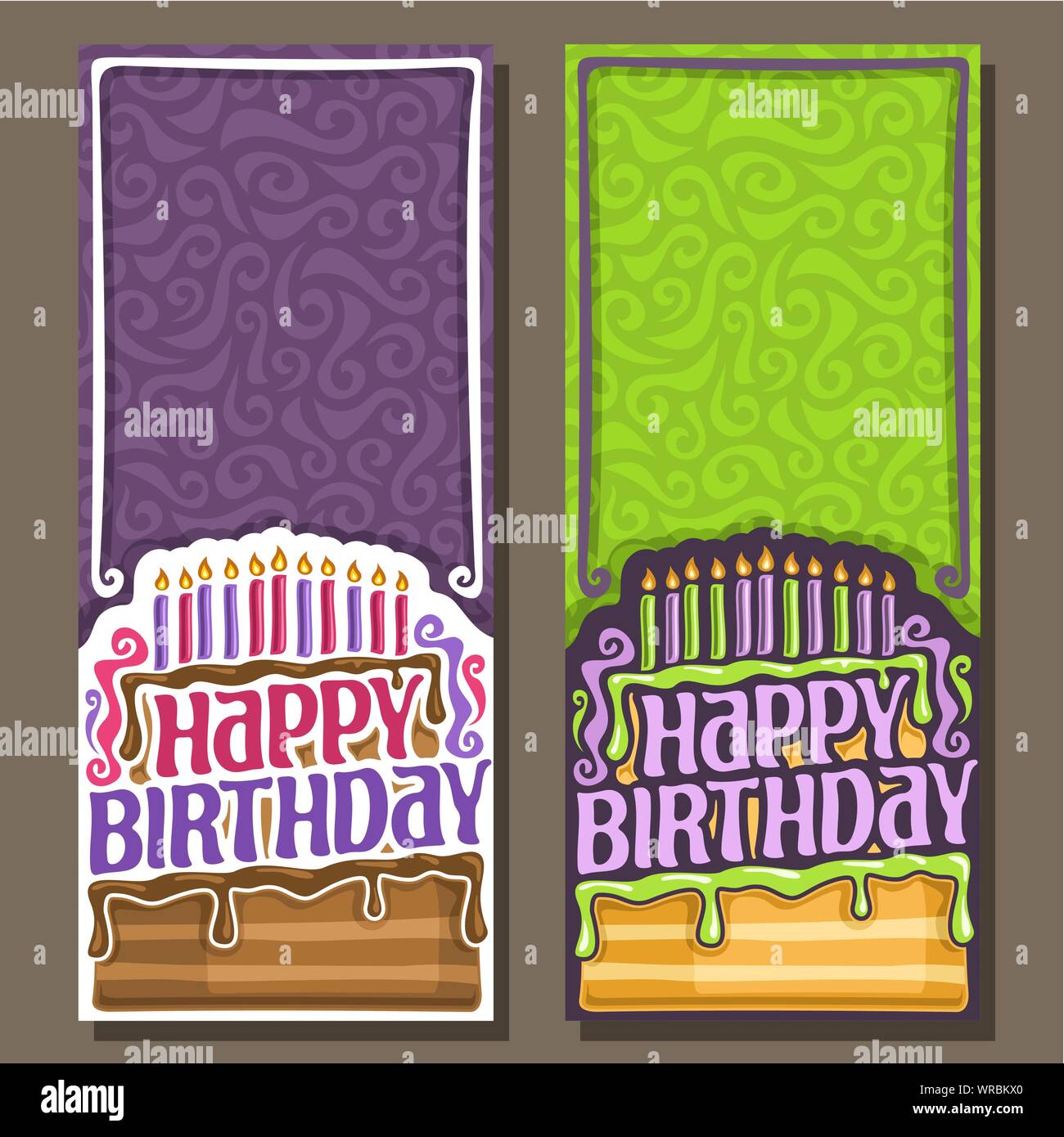 Vector vertical cards for Happy Birthday: 11 burning candles on celebration cake with drip chocolate, greeting lettering happy birthday on curly backg Stock Vector