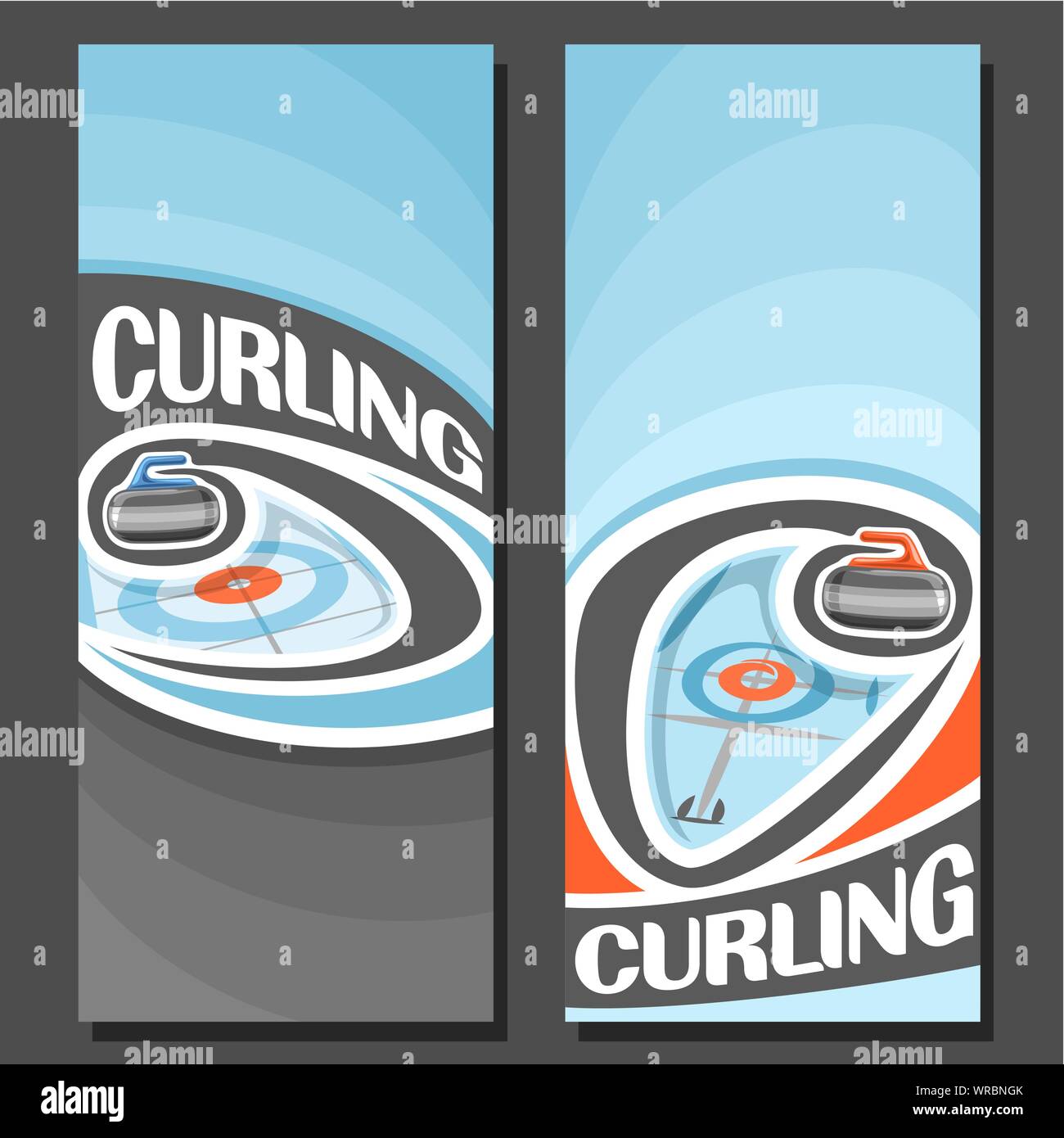 Vector vertical Banners for Curling game: 2 layouts for text on curling theme, granite stone sliding on ice rink on blue background. Stock Vector