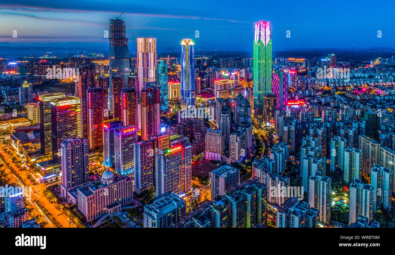 A cityscape at night of ASEAN Business District with clusters of skyscrapers, high-rise buildings in Nanning City, south China's Guangxi Zhuang Autono Stock Photo