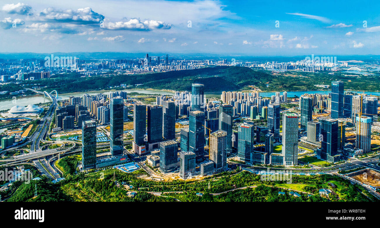 A cityscape of Wuxiang New District with clusters of skyscrapers, high-rise buildings in Nanning City, south China's Guangxi Zhuang Autonomous Region Stock Photo