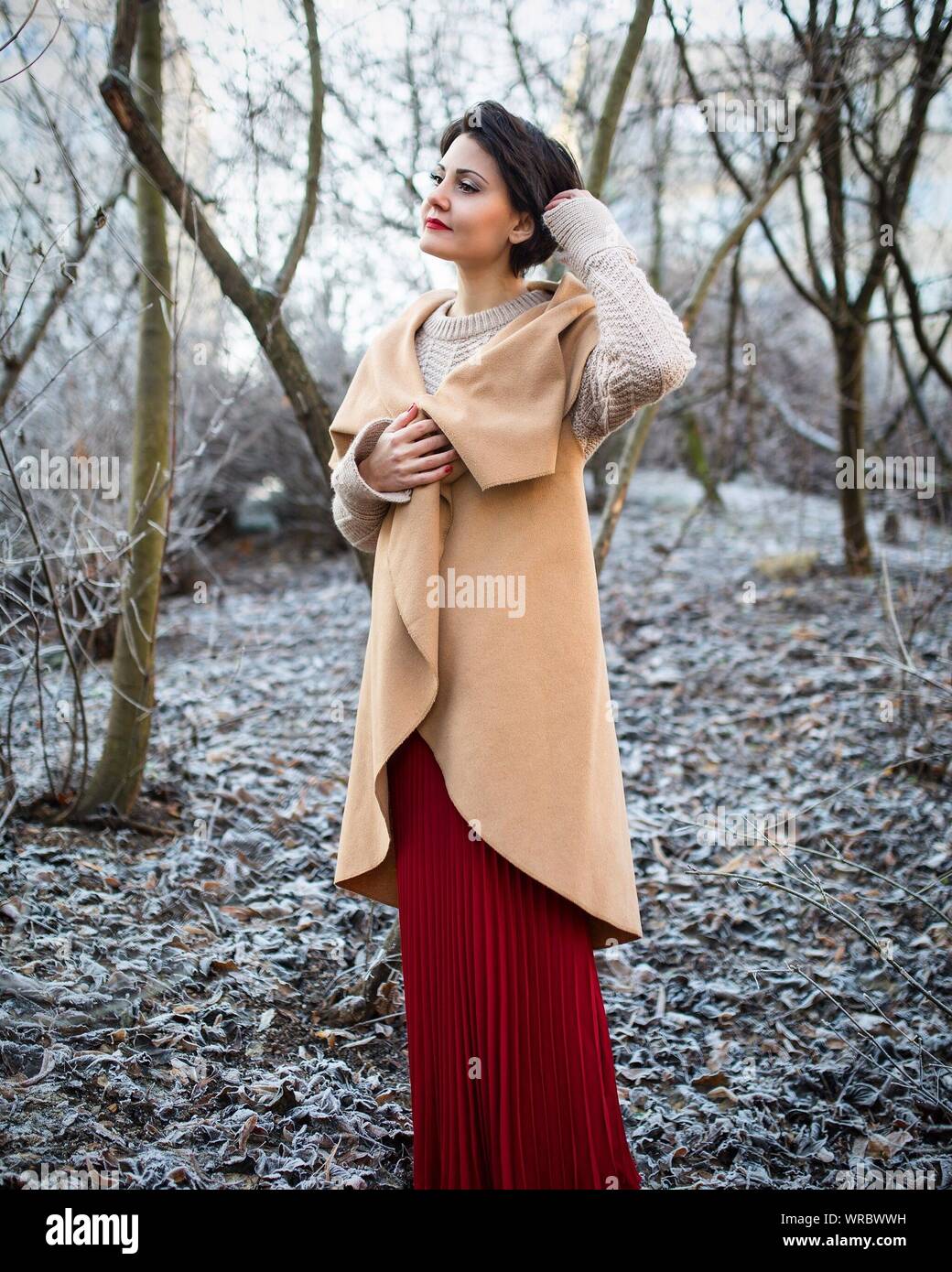 Woman In Long Dress Standing Against Trees On Field During Winter Stock Photo