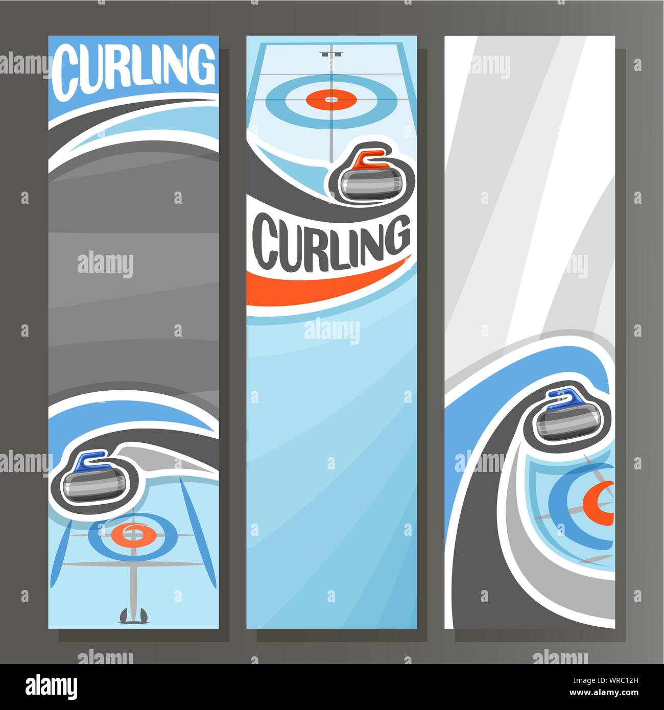Vector vertical banners for Curling: 3 cartoon templates for text on curling theme, on ice rink granite rock sliding in target on grey background. Stock Vector
