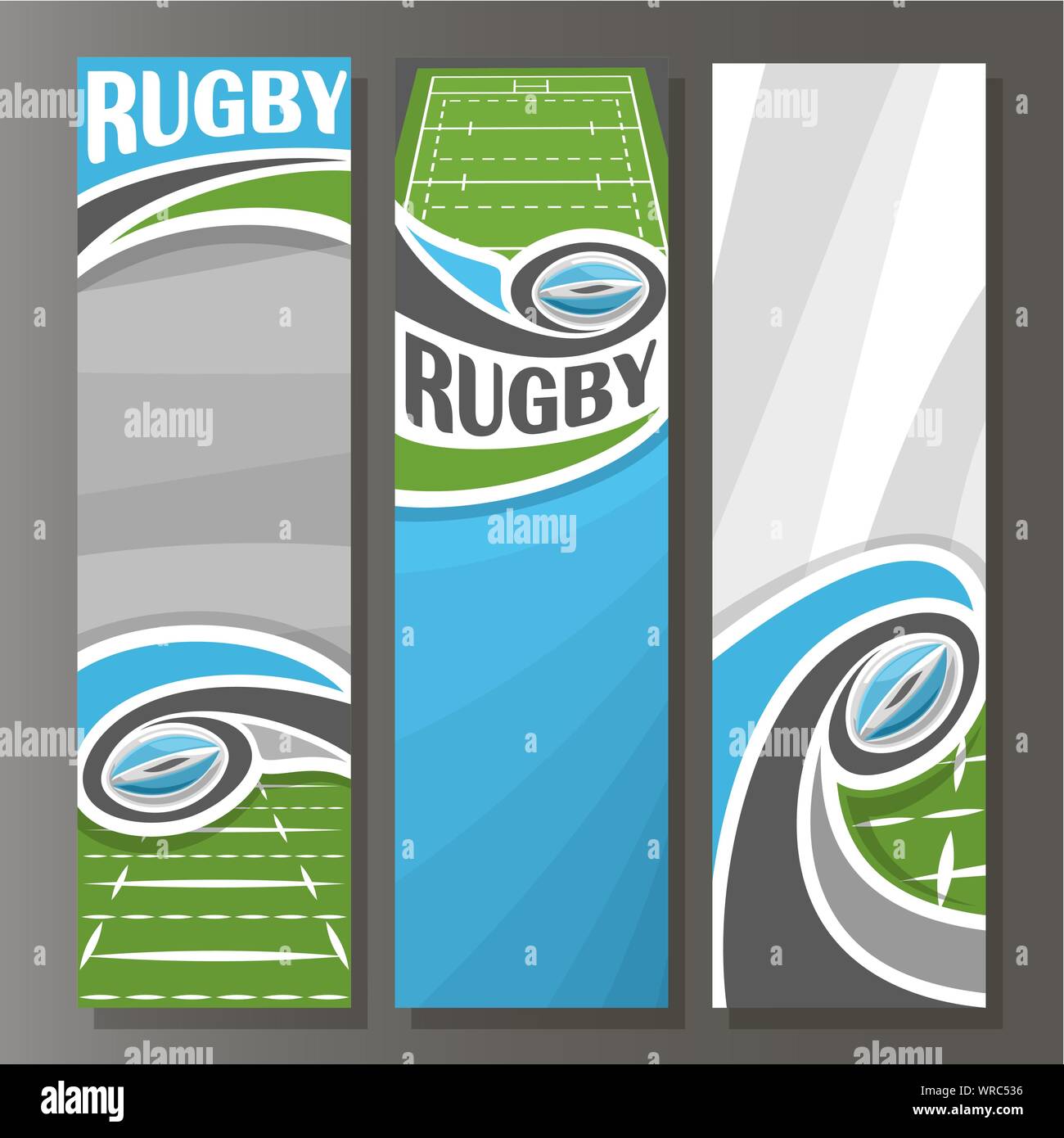 Vector vertical banners for Rugby: 3 cartoon templates for text on rugby theme, sports field on stadium with blue oval throwing ball on grey backgroun Stock Vector