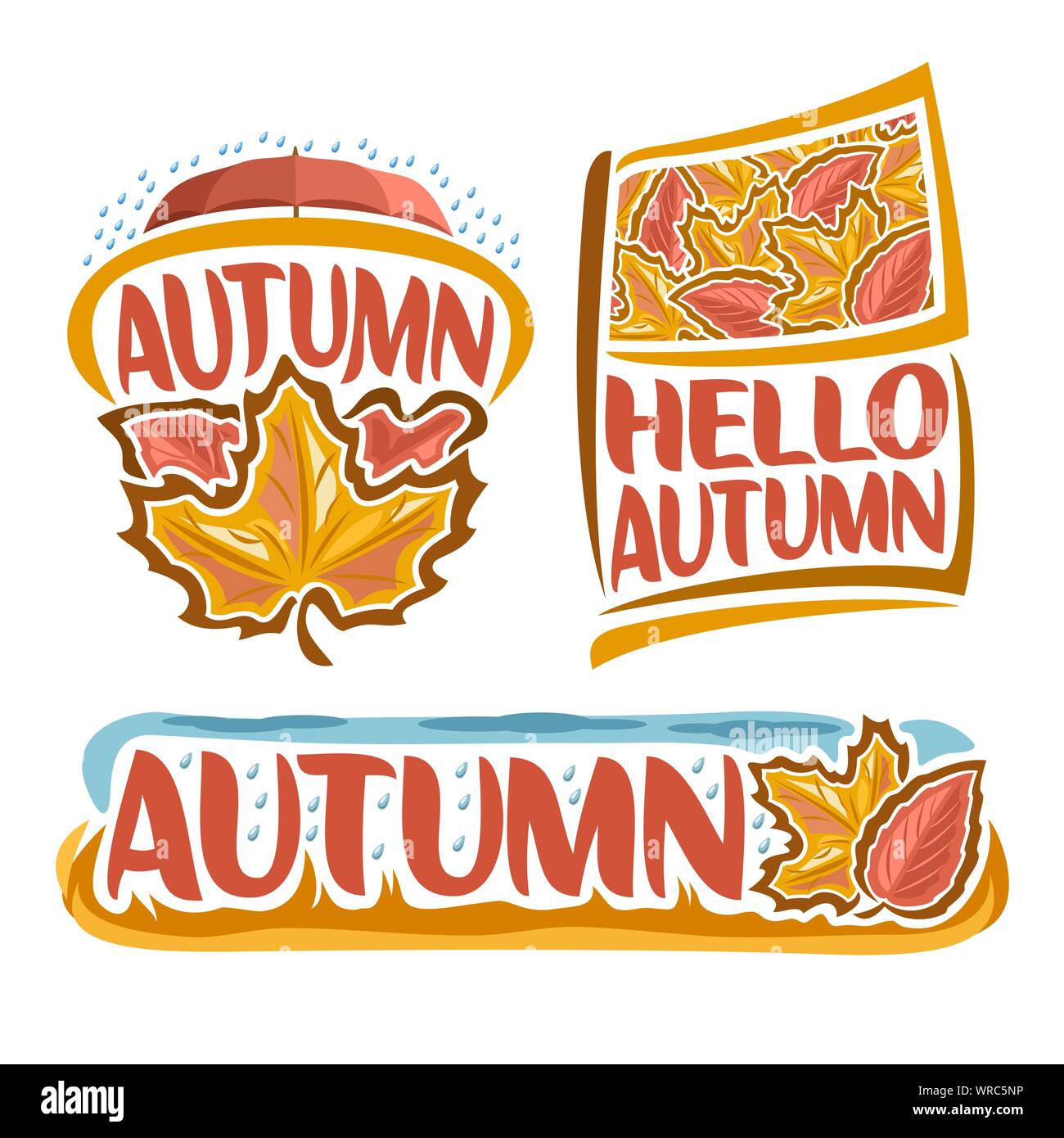 Vector logo for Autumn Rain: icon of fall weather, drops of rain falling on red umbrella, flag with art foliage, title hello autumn, banner with rainy Stock Vector