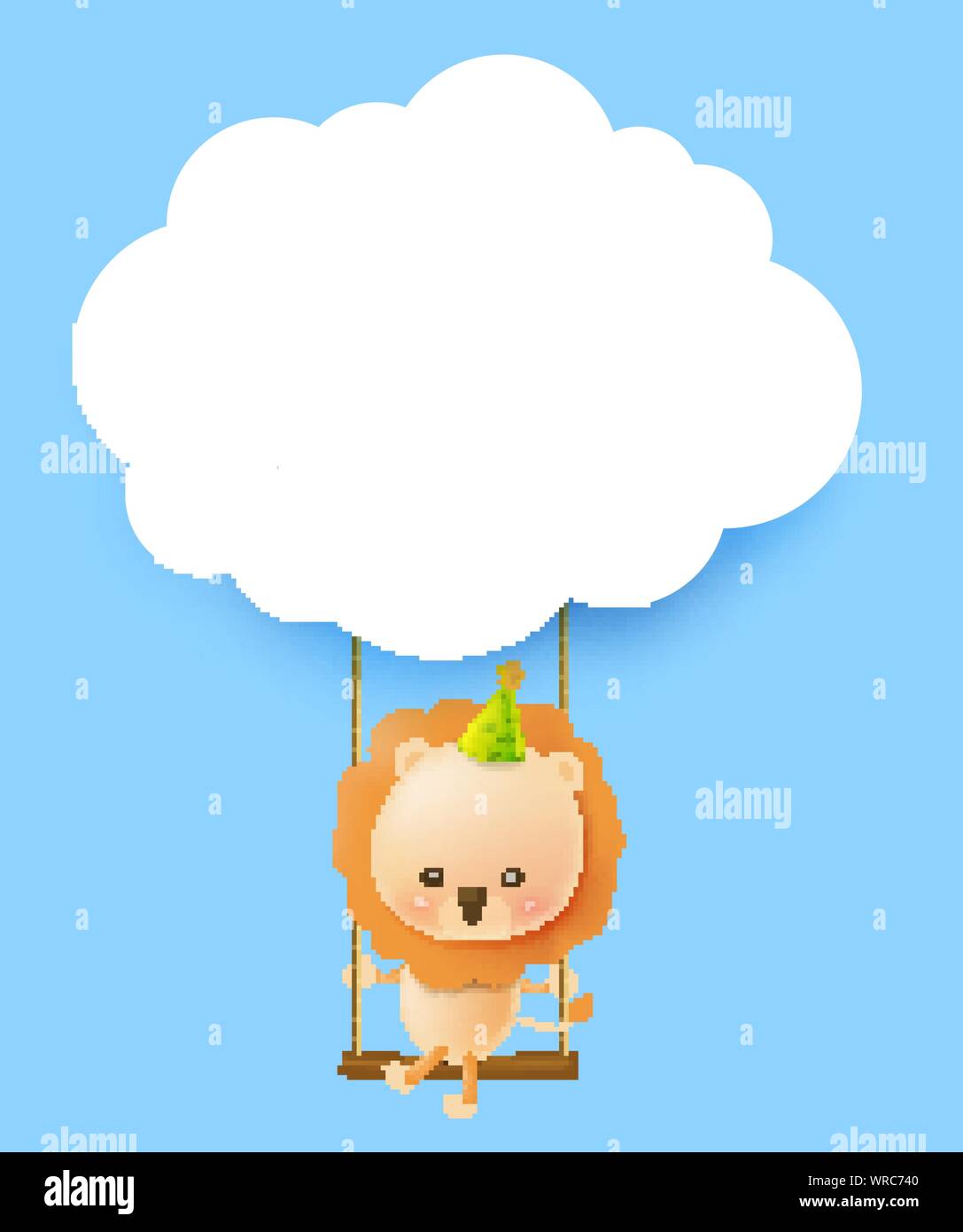 Lion cartoon playing swing and smile with happiness with blank cloud for copy space vector illustration Stock Vector