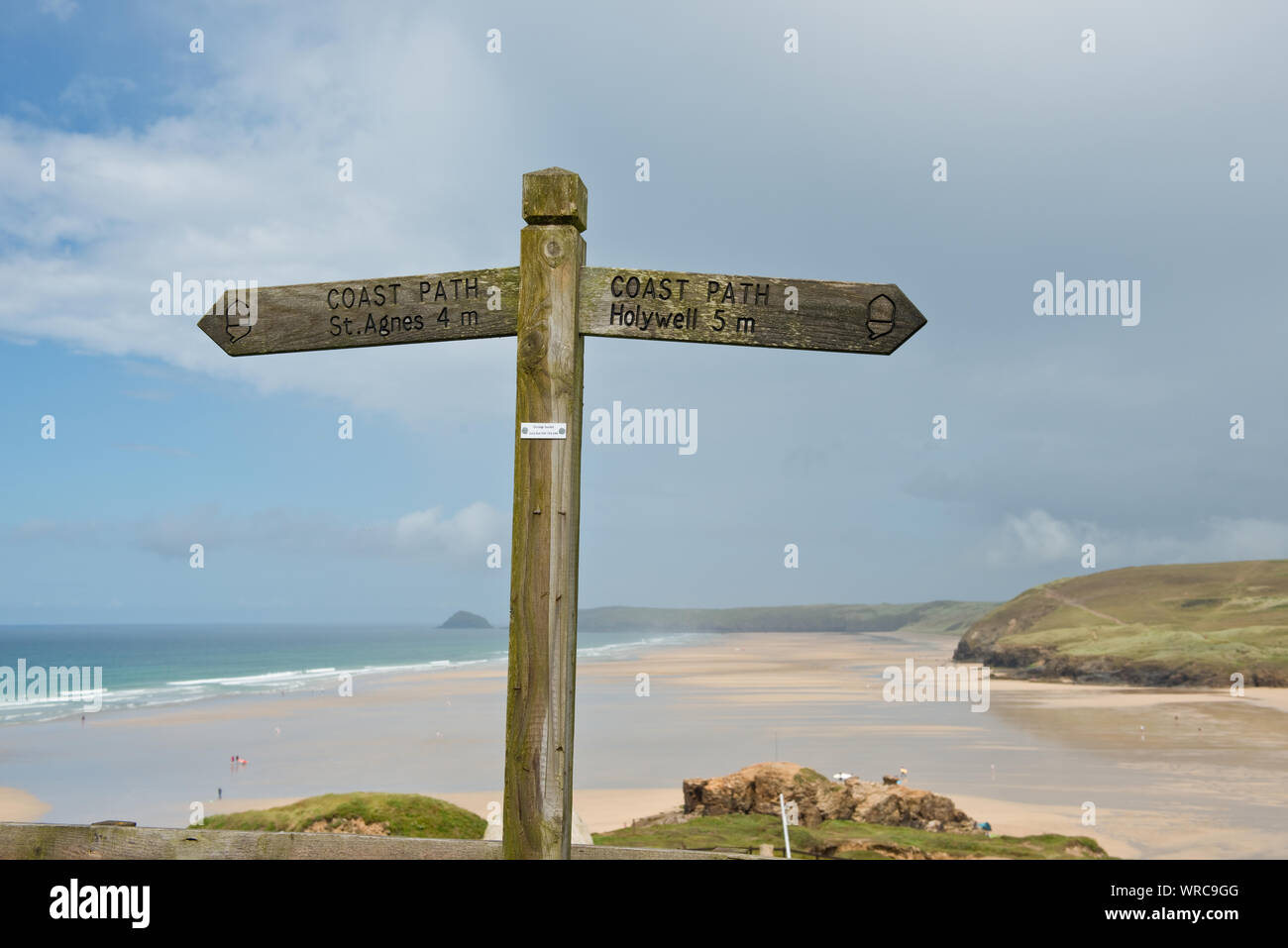 Coastal footpath signs to Holywell and St Agnes. Cornwall landscape. Perranporth, Cornwall, England, UK Stock Photo