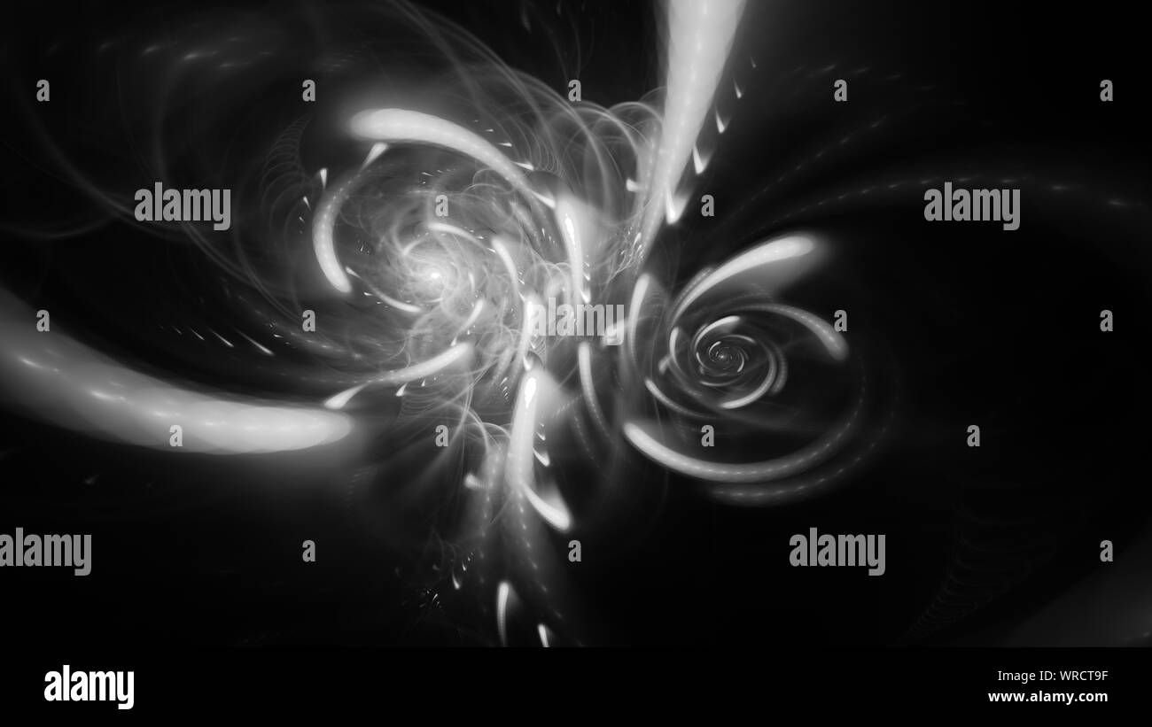 Glowing double spiral spinning energy in space, black and white ...