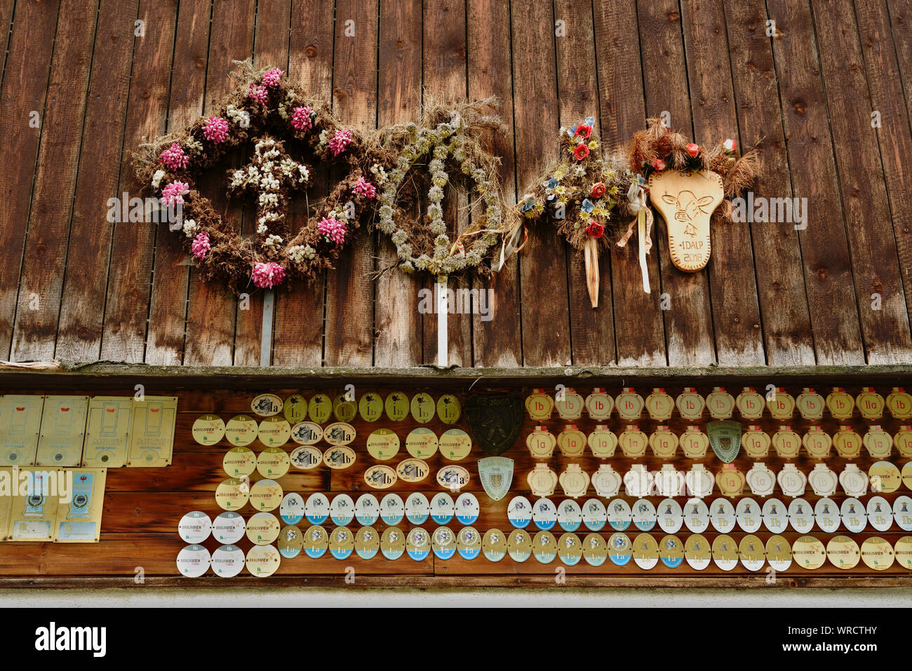 Dried flower arrangements for cattle drive and awards on metal badges for dairy cows attached to a wooden barn. Traditional cattle farming, Austria. Stock Photo
