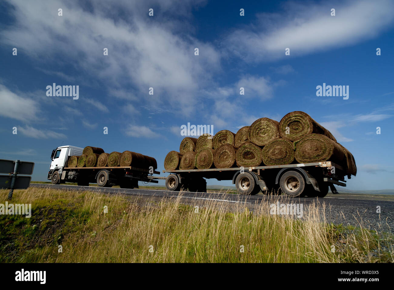Grass Bales Transported In Semi-truck Against Sky Stock Photo