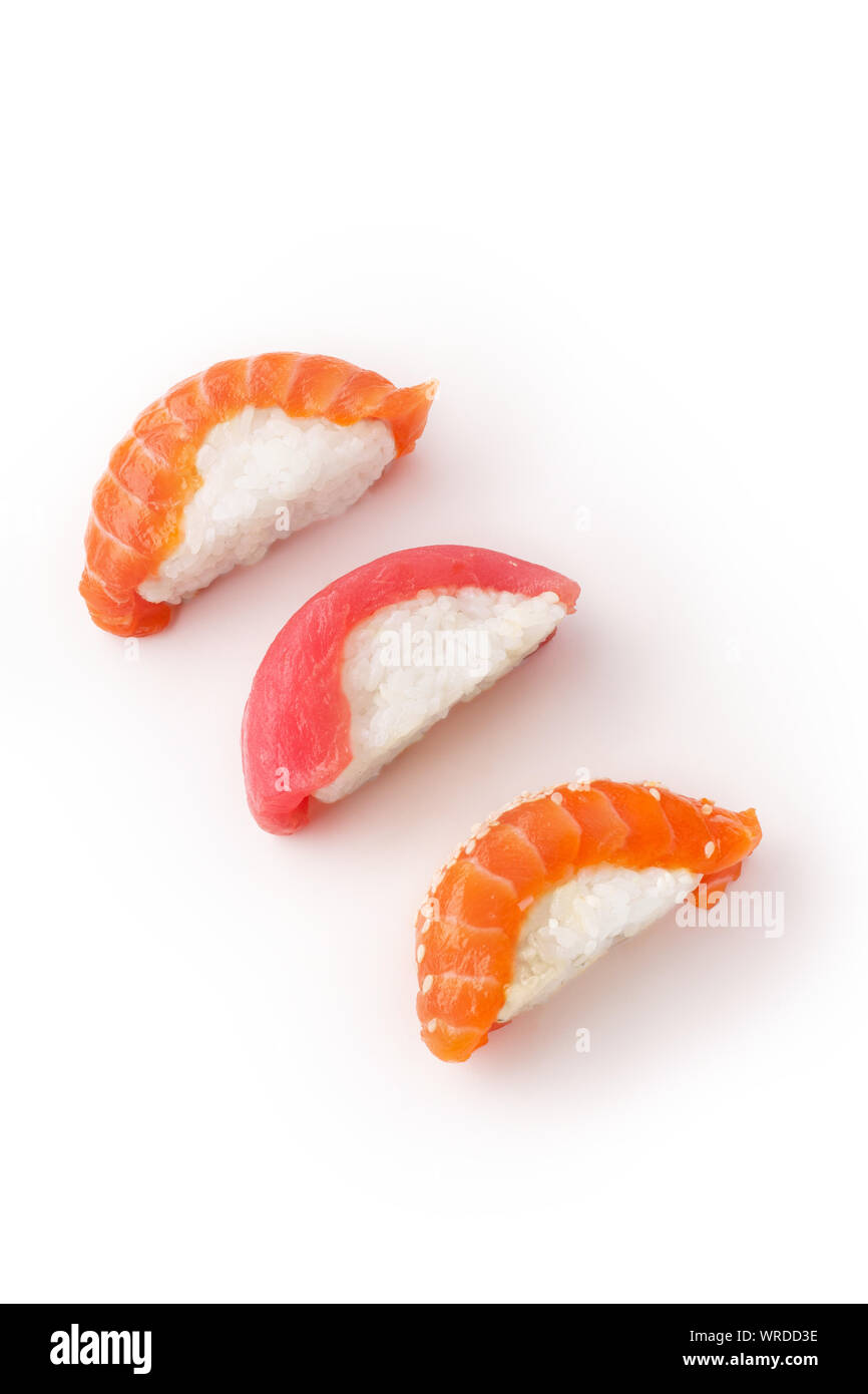 Creative layout with various sushi on white background Stock Photo