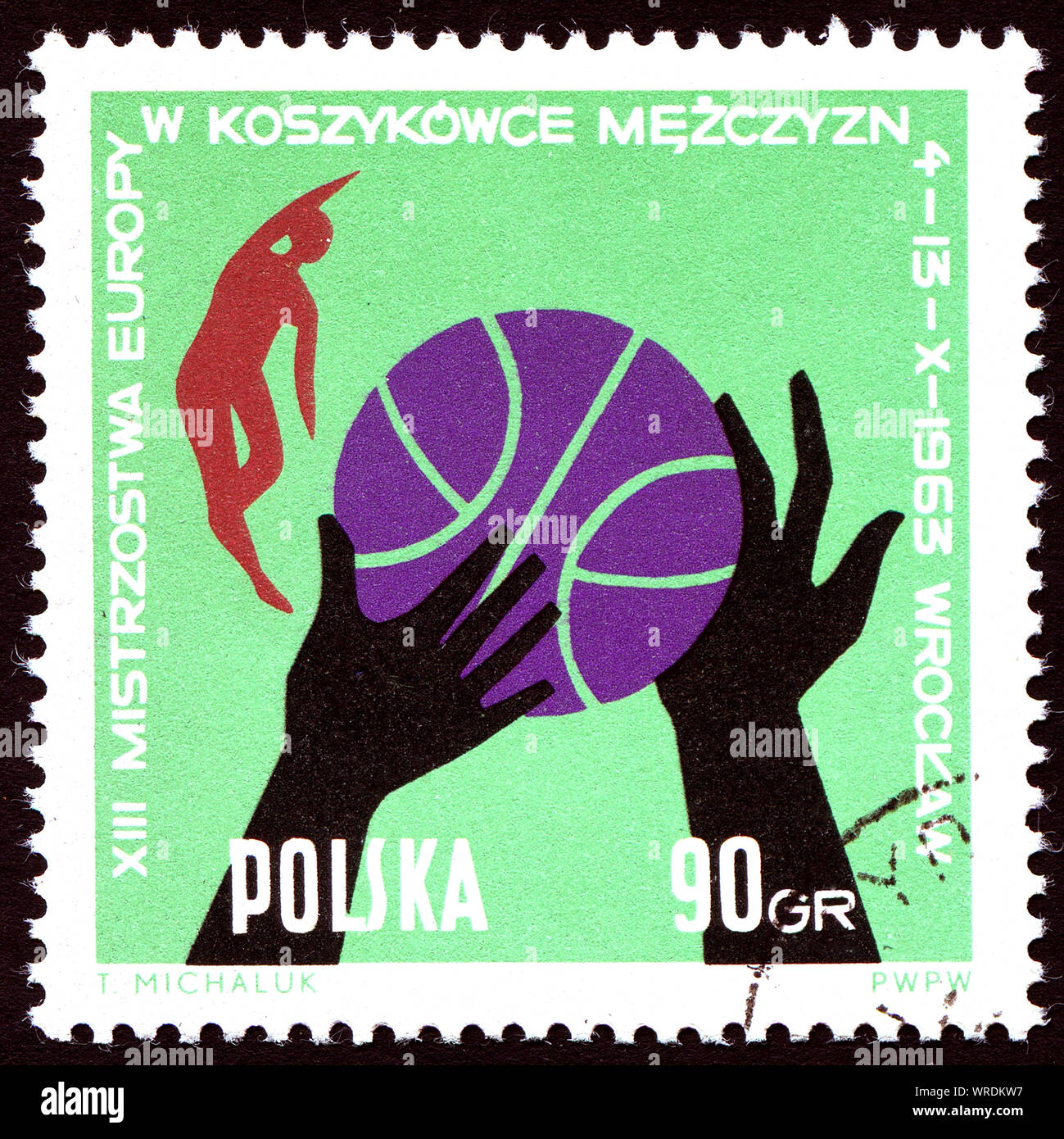 Post stamp printed in Poland showing  ball, hands and players, 13th European men basketball championship Wroclaw, circa 1963 Stock Photo