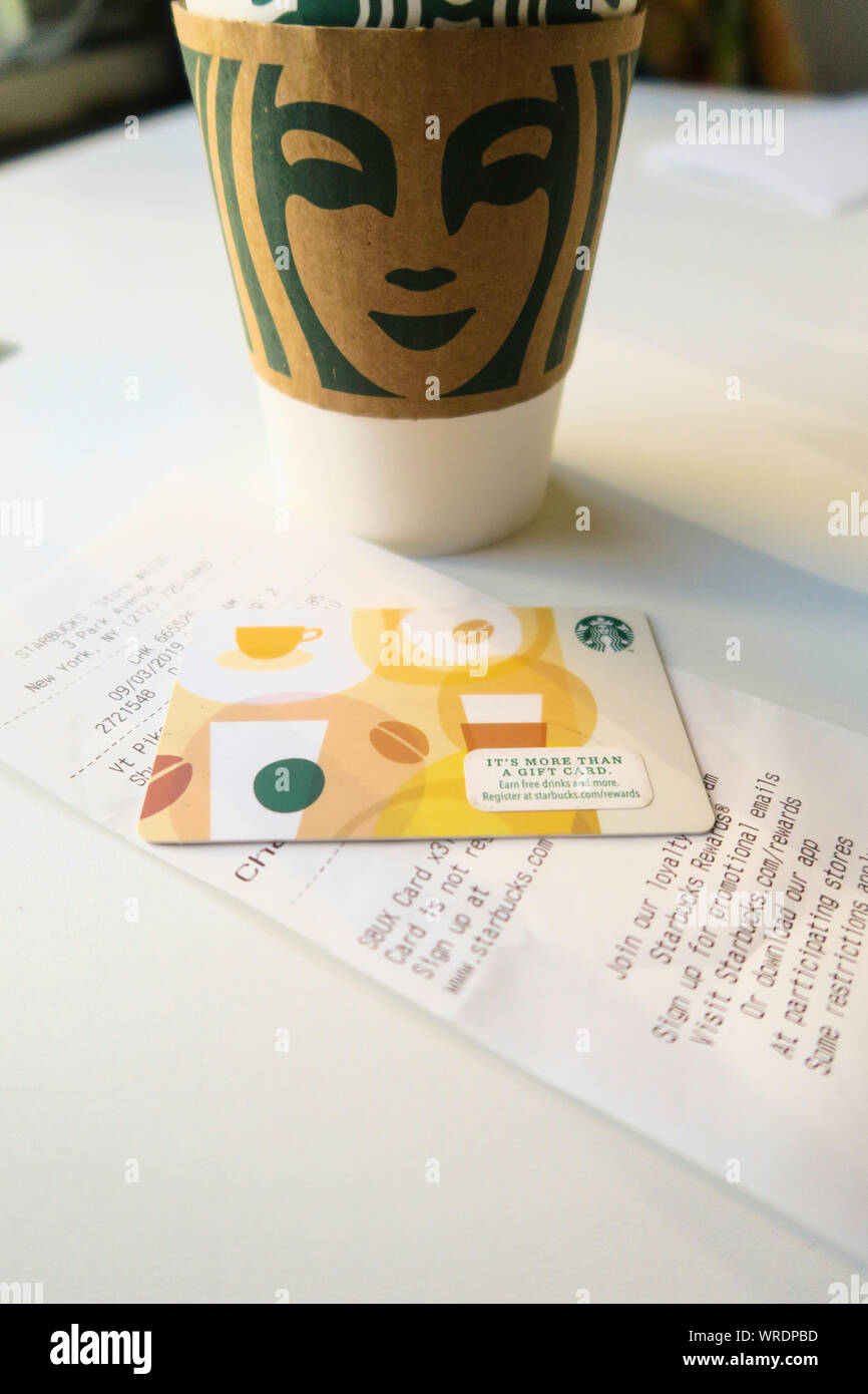 Starbucks coffee Cup with Gift Card and Receipt Close Up, USA Stock Photo
