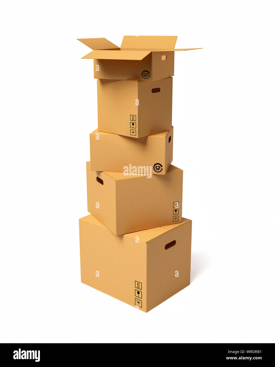 Stack of five blank cardboard boxes of different sizes, top one is open on a white background Stock Photo