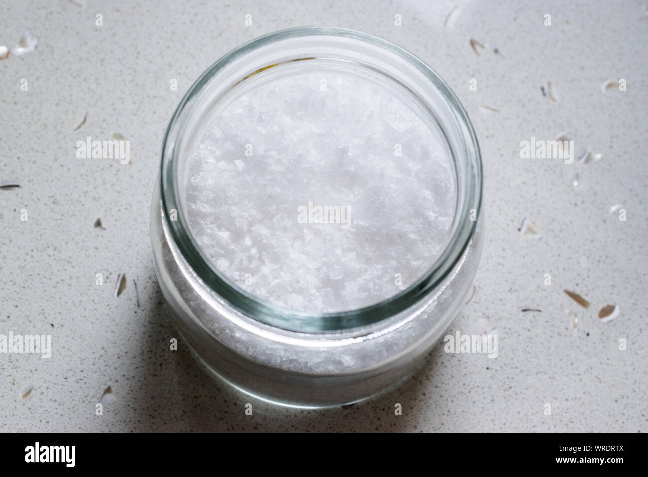 Maldon Sea Salt flakes in Jar. Ready to Use. Organic Food Product Stock