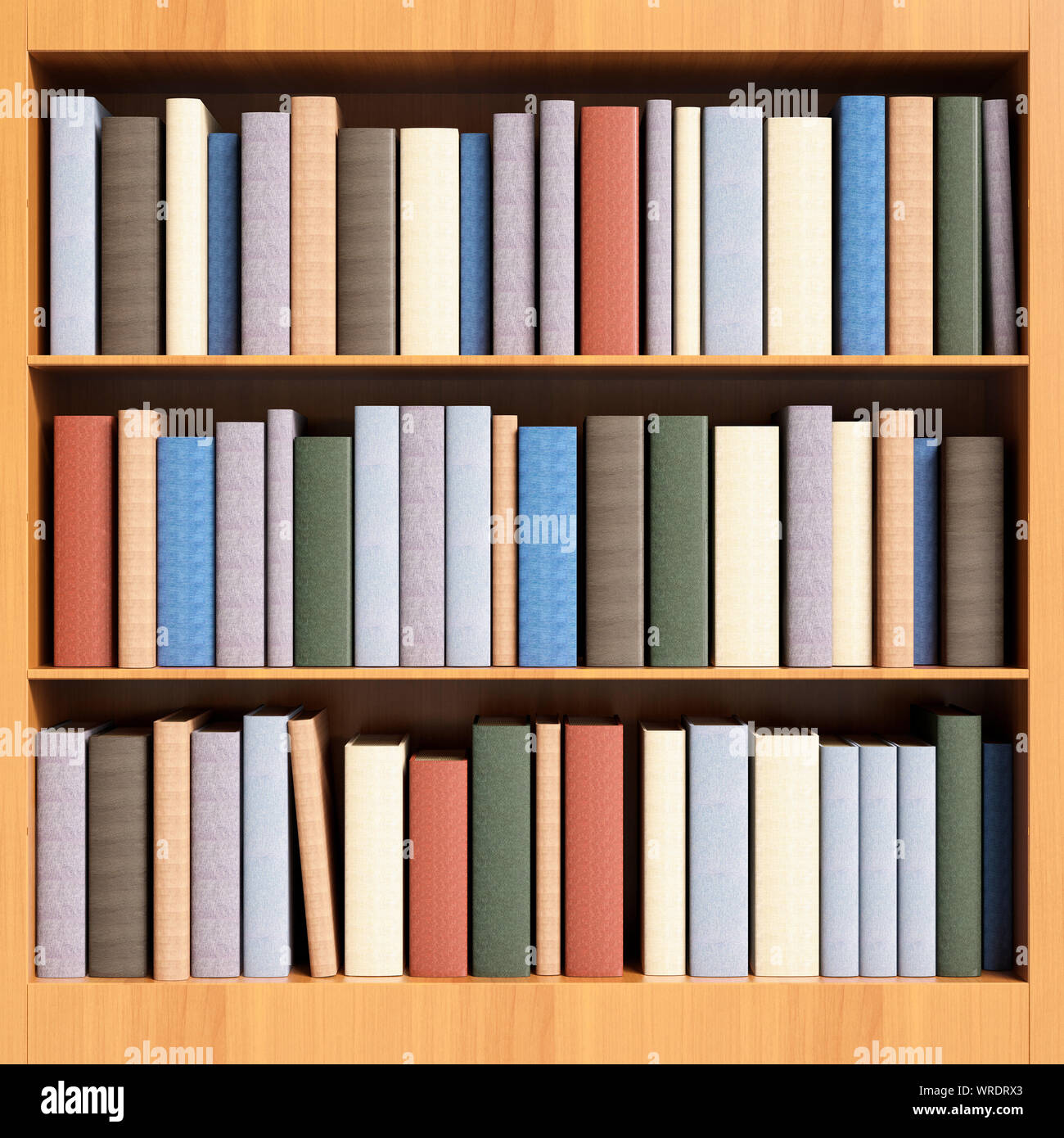 Wooden bookcase with three shelves full of hardback books with blank spines Stock Photo