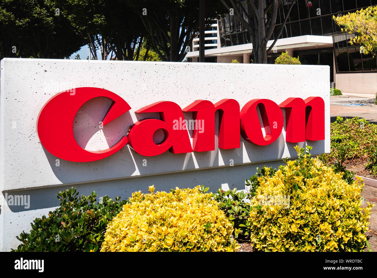 Sep 9, 2019 San Jose / CA / USA - Canon sign at the Canon Solutions America (wholly owned subsidiary of Canon USA Inc.) offices in Silicon Valley; Can Stock Photo