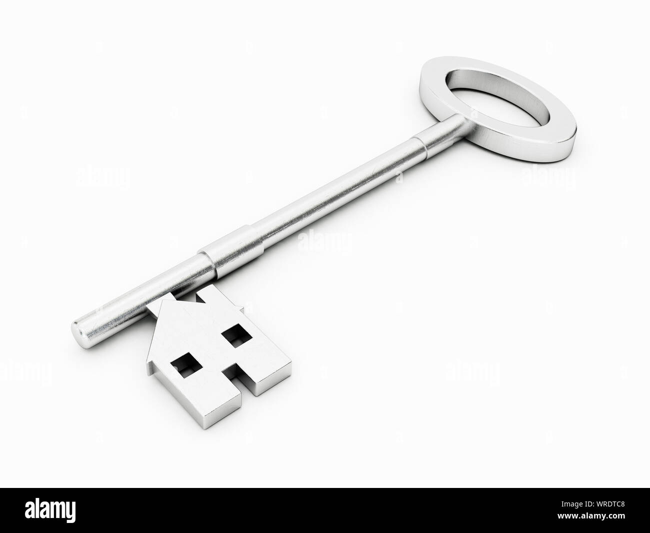 Silver old style house key with the teeth in the shape of a basic house, housing market concept Stock Photo