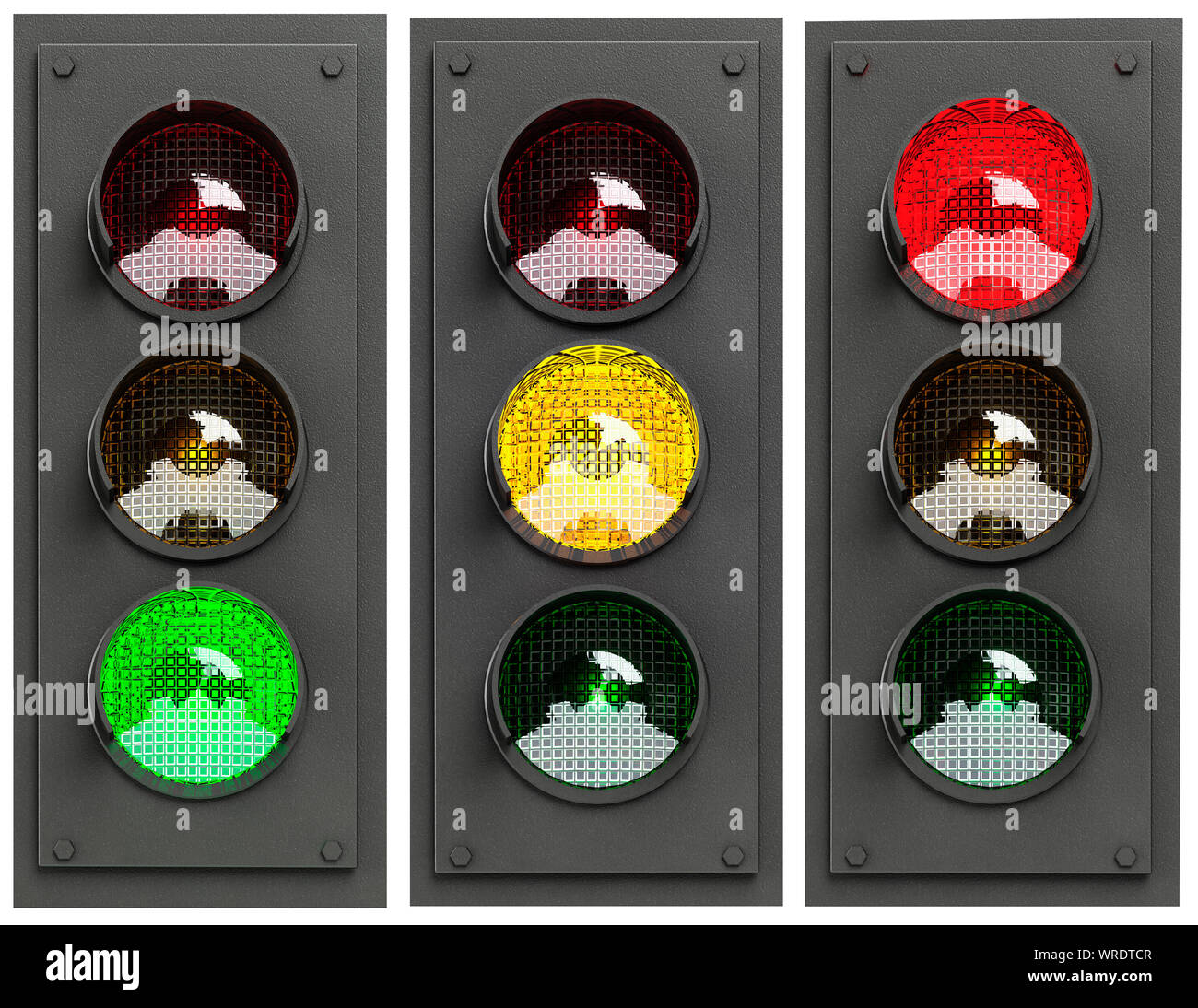Set of three lit UK traffic lights sequence showing Green, Amber and Red in turn on a white background Stock Photo