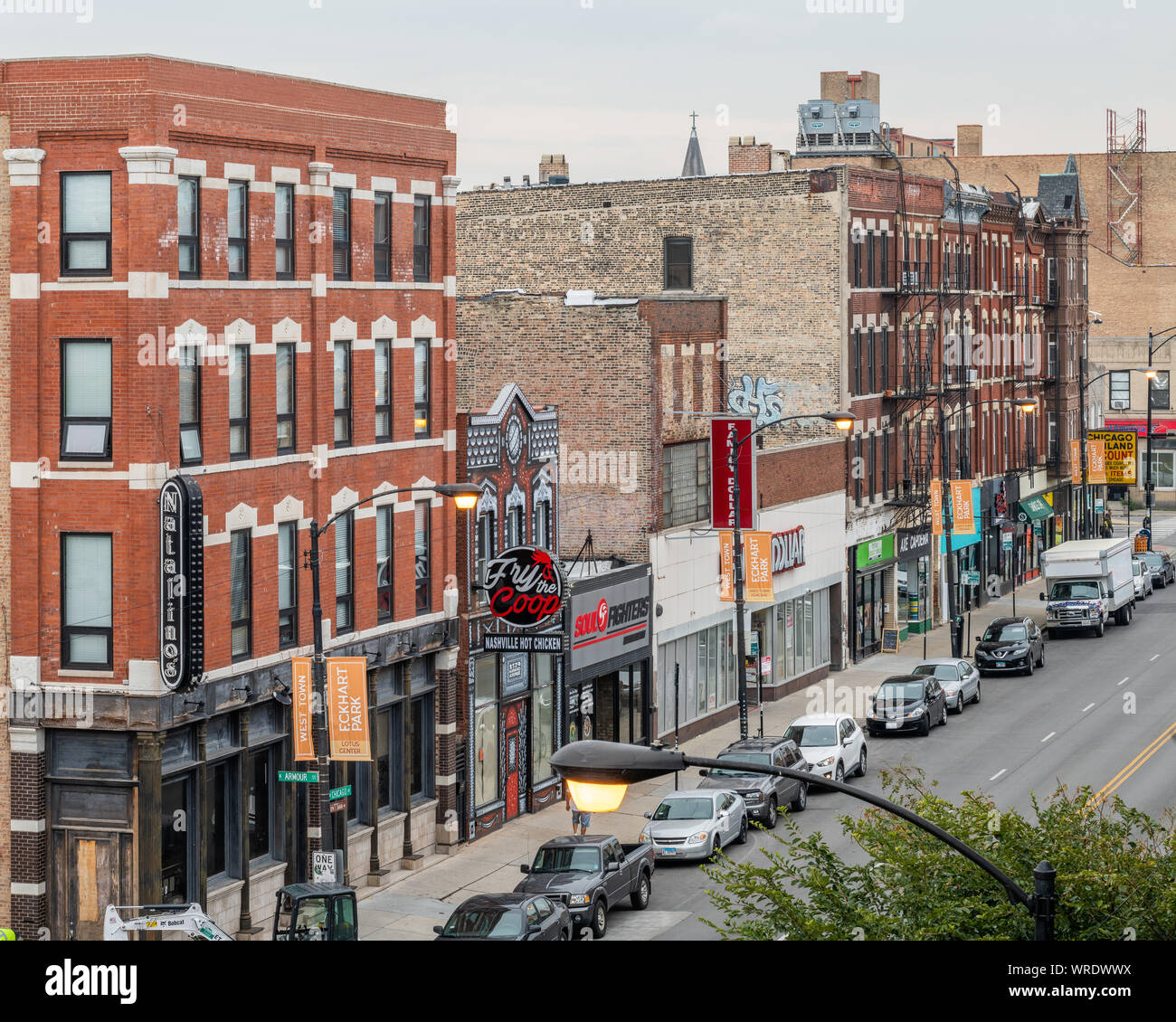 Chicago Avenue commercial street in the Noble Square neighborhood Stock