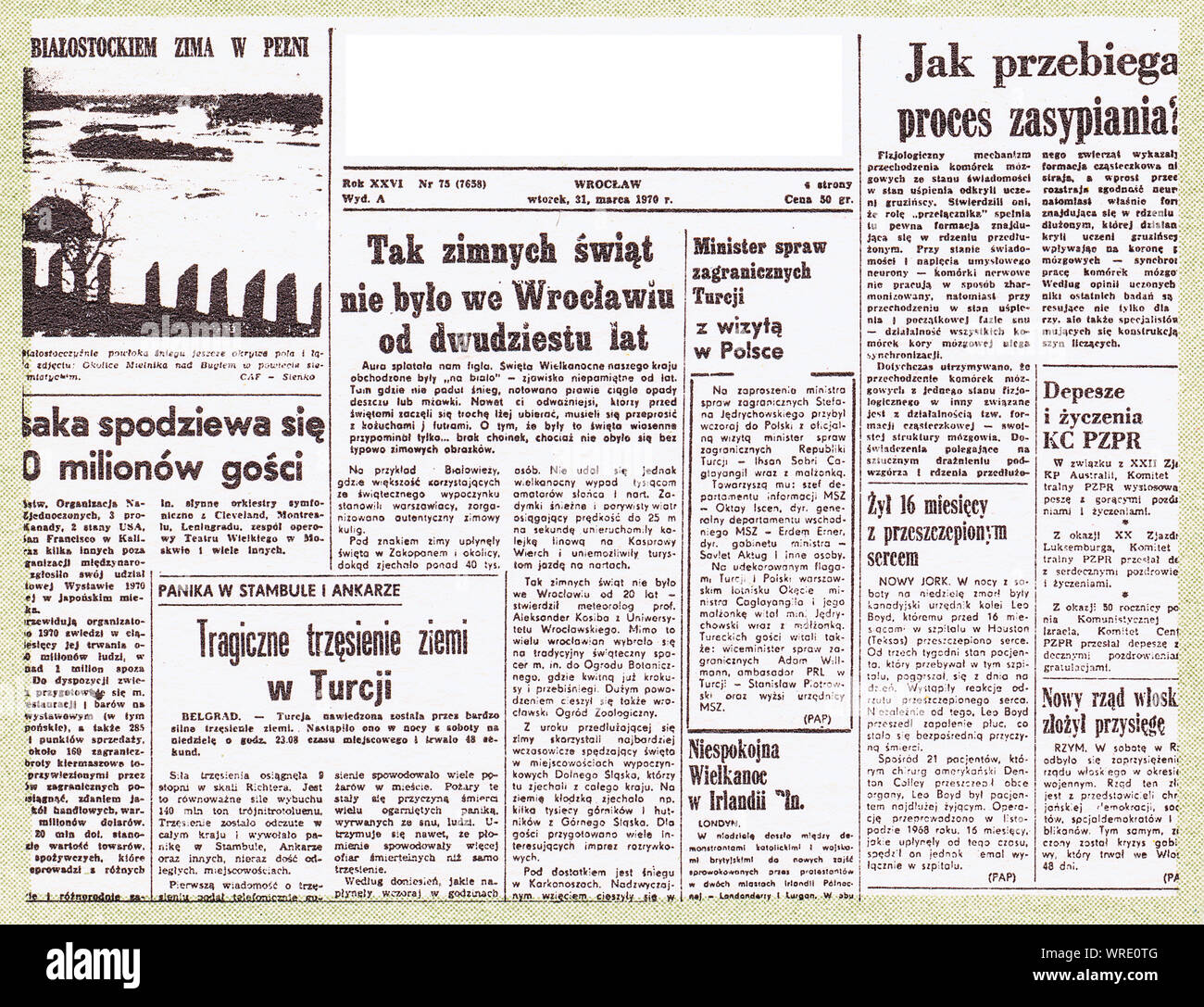 First page in vintage Polish newspaper in 1970 Stock Photo