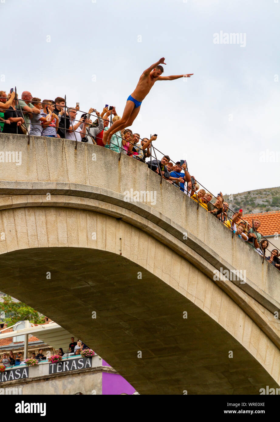 Bridge Diving in Mostar, Bosnia-Herzegovina Stock Photo