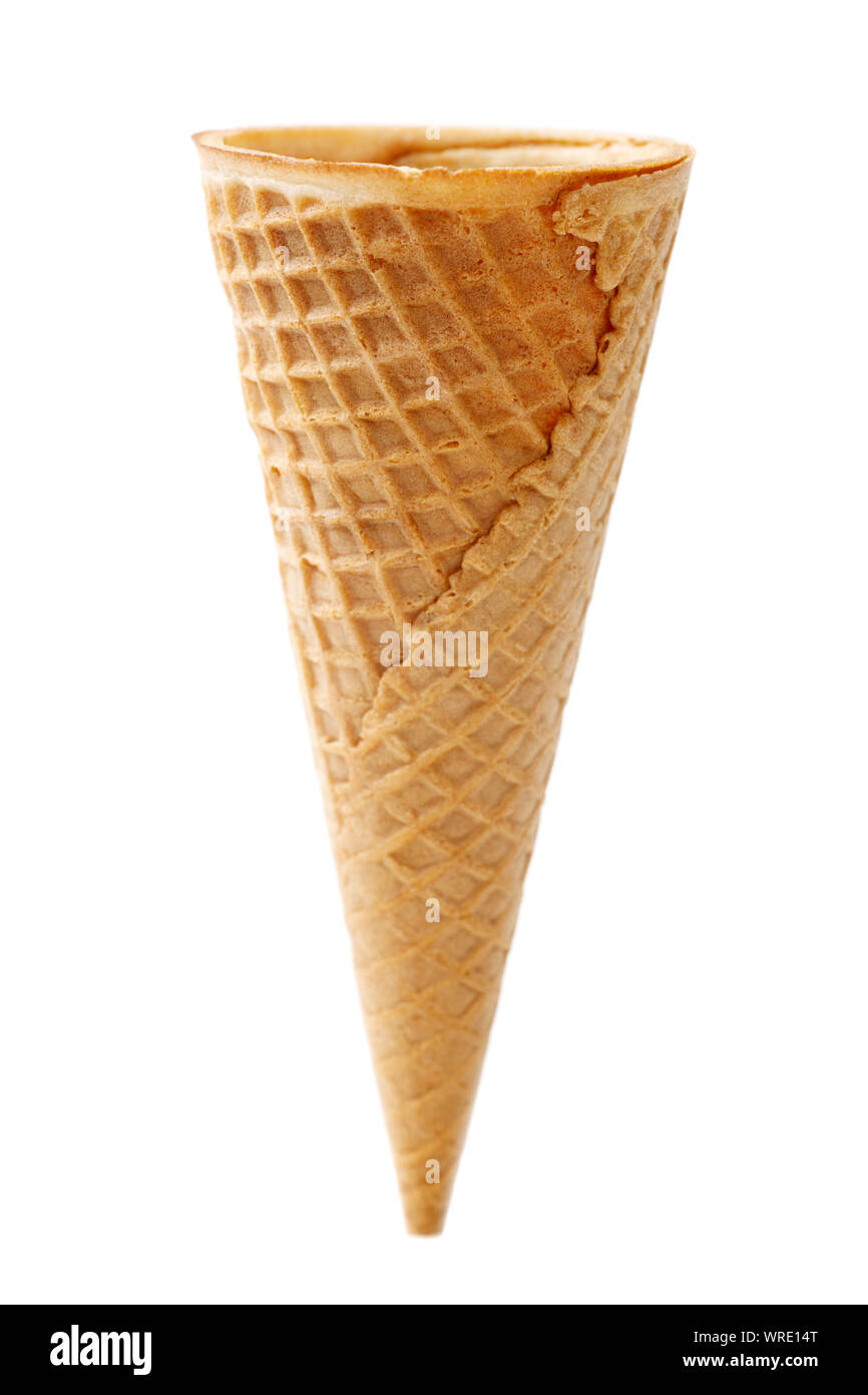 Conical shaped ice Cream Cone, standing upright, isolated on white background Stock Photo
