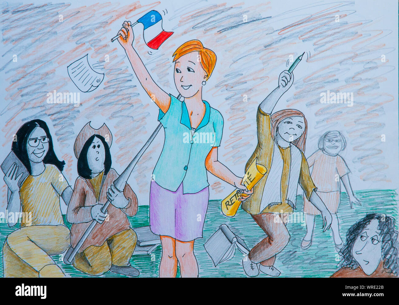 French woman celebrating her retirement. Illustration. Stock Photo
