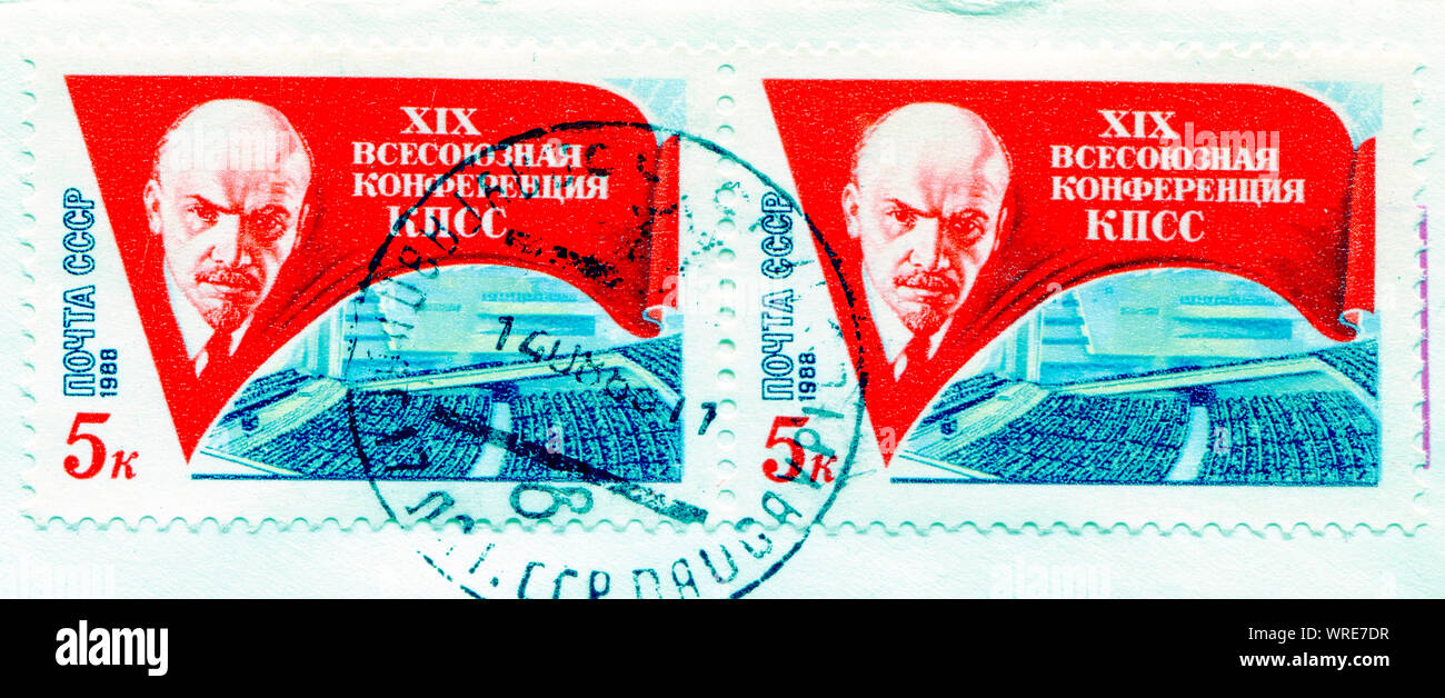 SOVIET UNION - CIRCA 1988: Lenin on Russian vintage stamp, circa 1988 Stock Photo