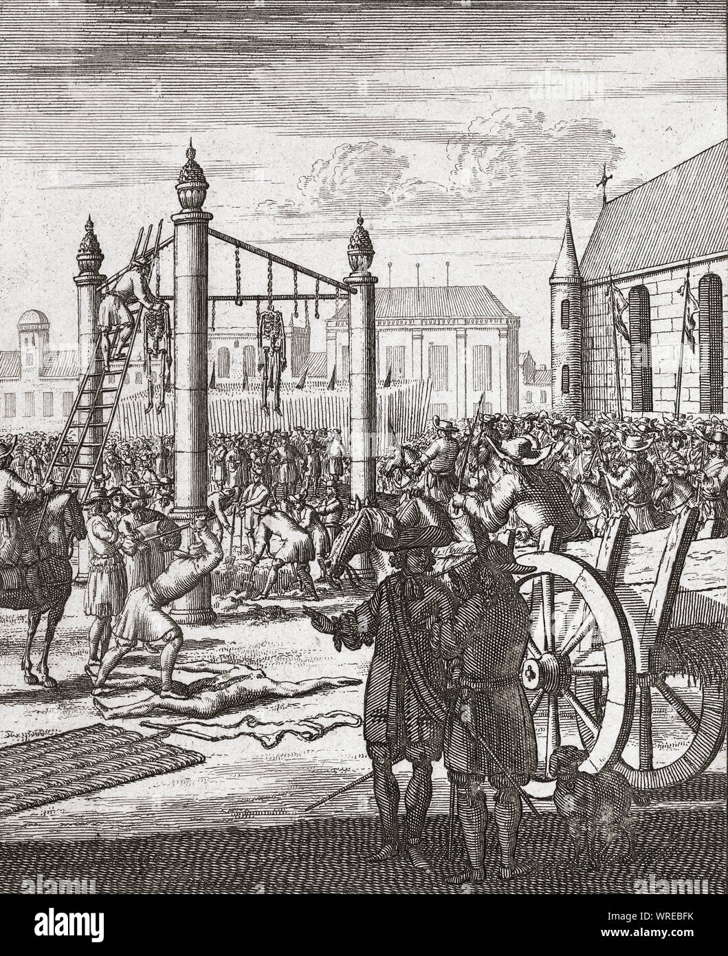 Posthumous “execution” of Oliver Cromwell, John Bradshaw and Henry Ireton on January 30,1661, on the 12th anniversary of the beheading of King Charles I.  King Charles II ordered the exhumation and defilement of the three of the chief regicides who had caused his father’s death and who had all subsequently died of natural causes. Stock Photo