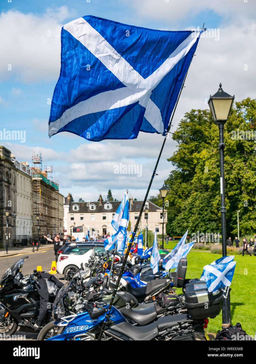 All Under One Banner Independence (AUOB) rally, Perth,  Scotland, UK. Parked Yes Bikers motorbikes, North Inch Stock Photo