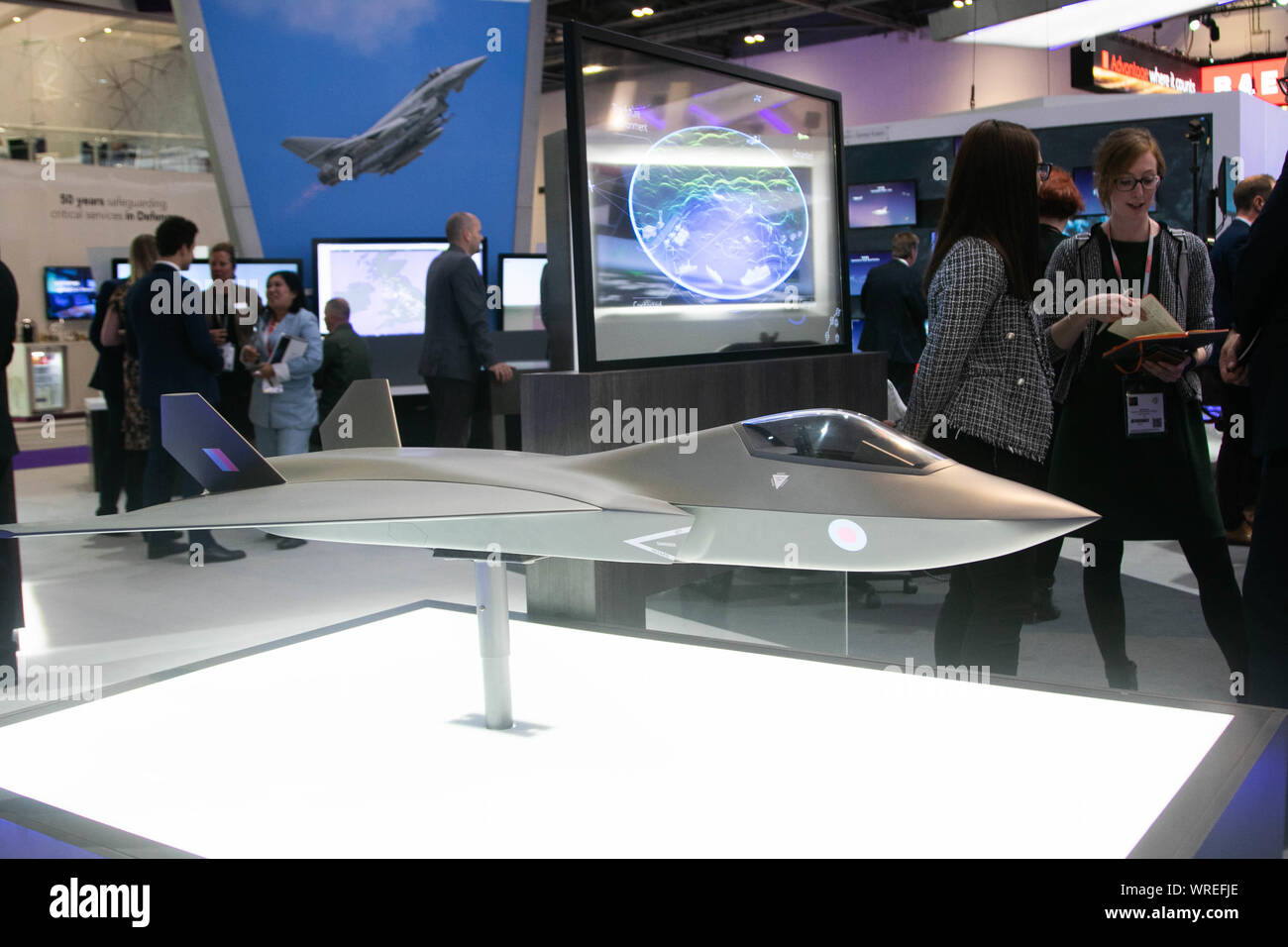 London, UK. 10th September 2019. Tempest Concept aircraft model at the DSEI,  the world's leading defence and security event which opens at the Excel centre in London Docklands from 10-13 September bringing together hundreds of international arms and defence exhibitors Credit: amer ghazzal/Alamy Live News Stock Photo