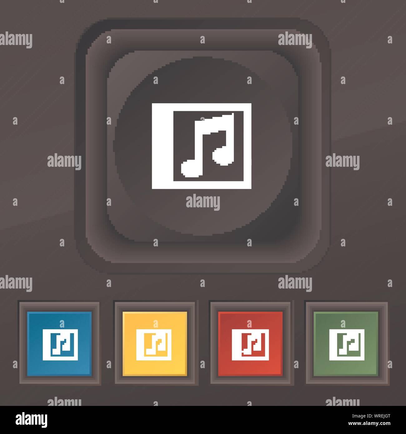 Audio, MP3 file  icon symbol. Set of five colorful, stylish buttons on black texture for your design. Vector Stock Vector