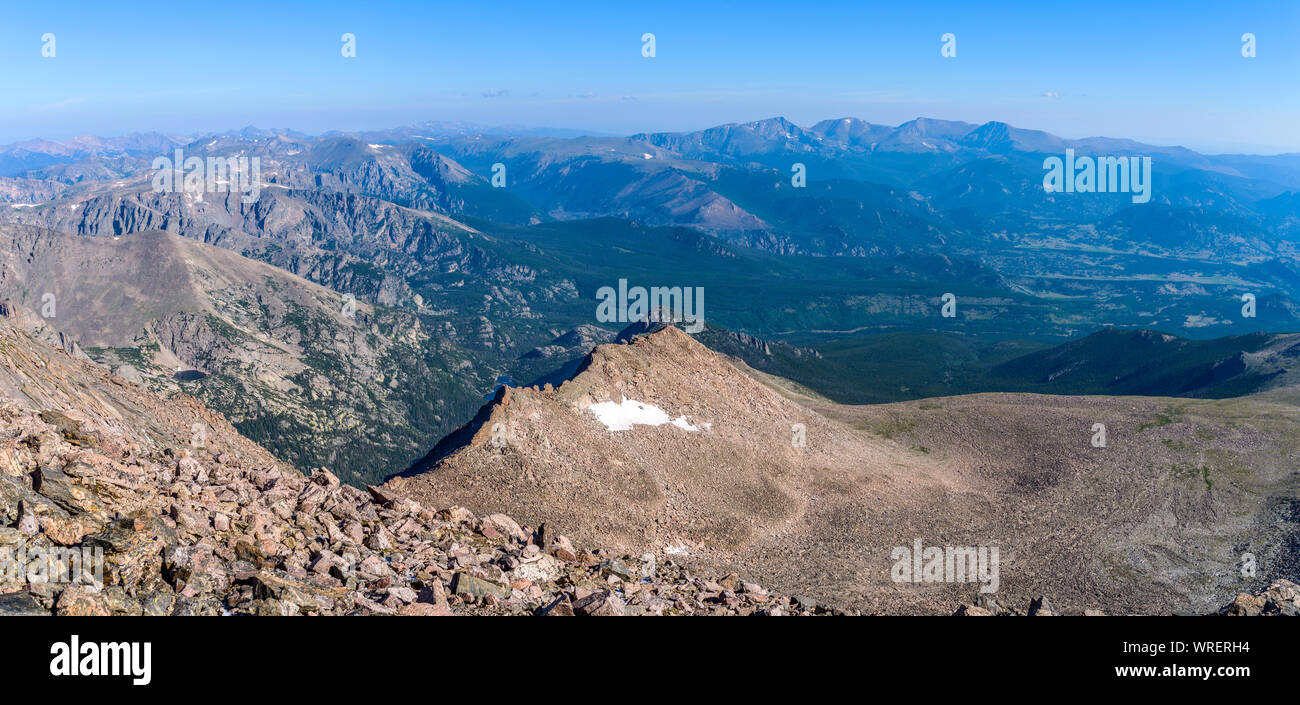 Mountain Top View - A panoramic Summer morning overview from summit of Longs Peak, looking towards north-west, Rocky Mountain National Park, CO, USA. Stock Photo