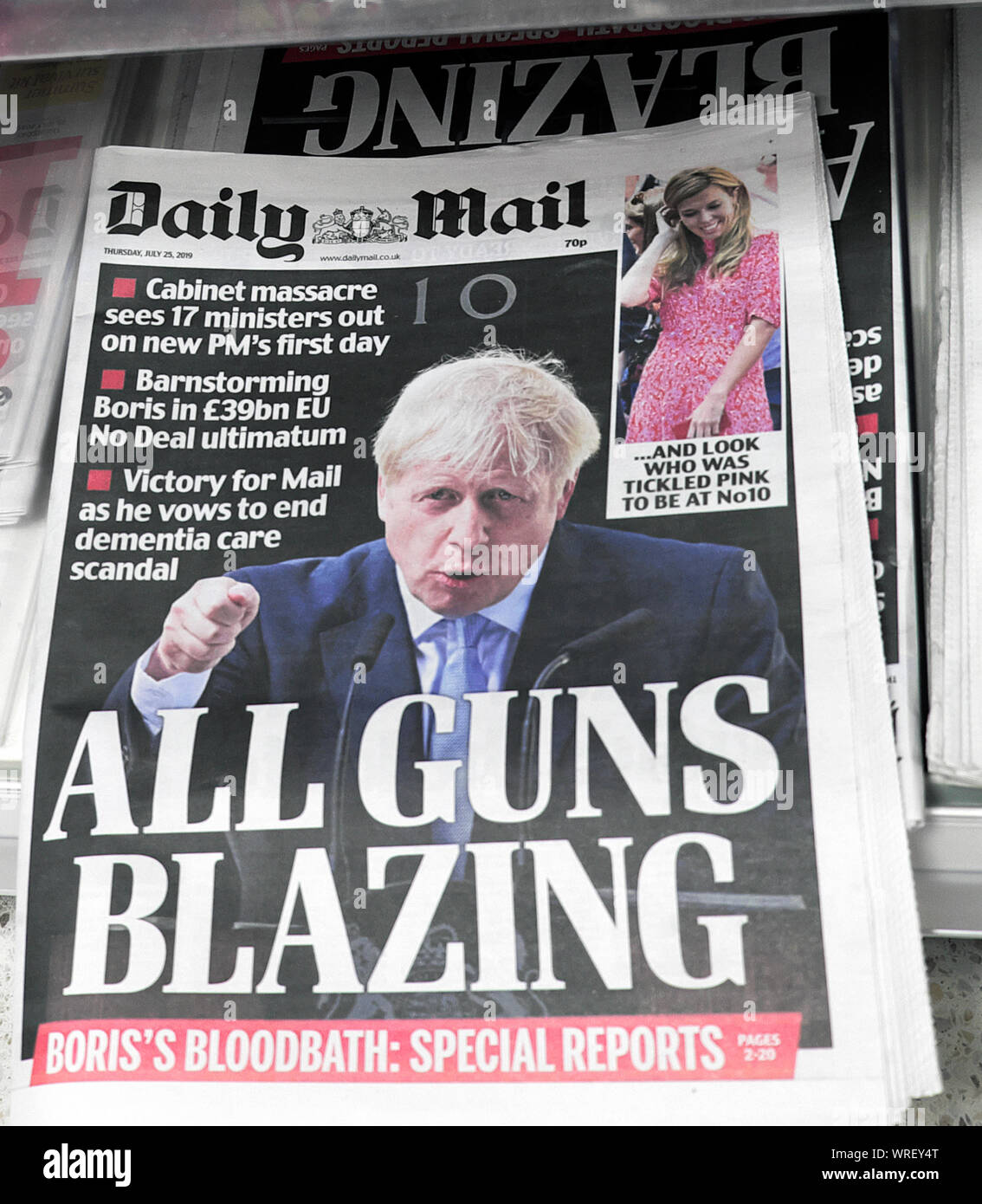 Daily Mail front page headlines 25 July 2019 Boris Johnson 'All Guns Blazing' 17 Cabinet Ministers out on PM's 1st day London England UK Stock Photo