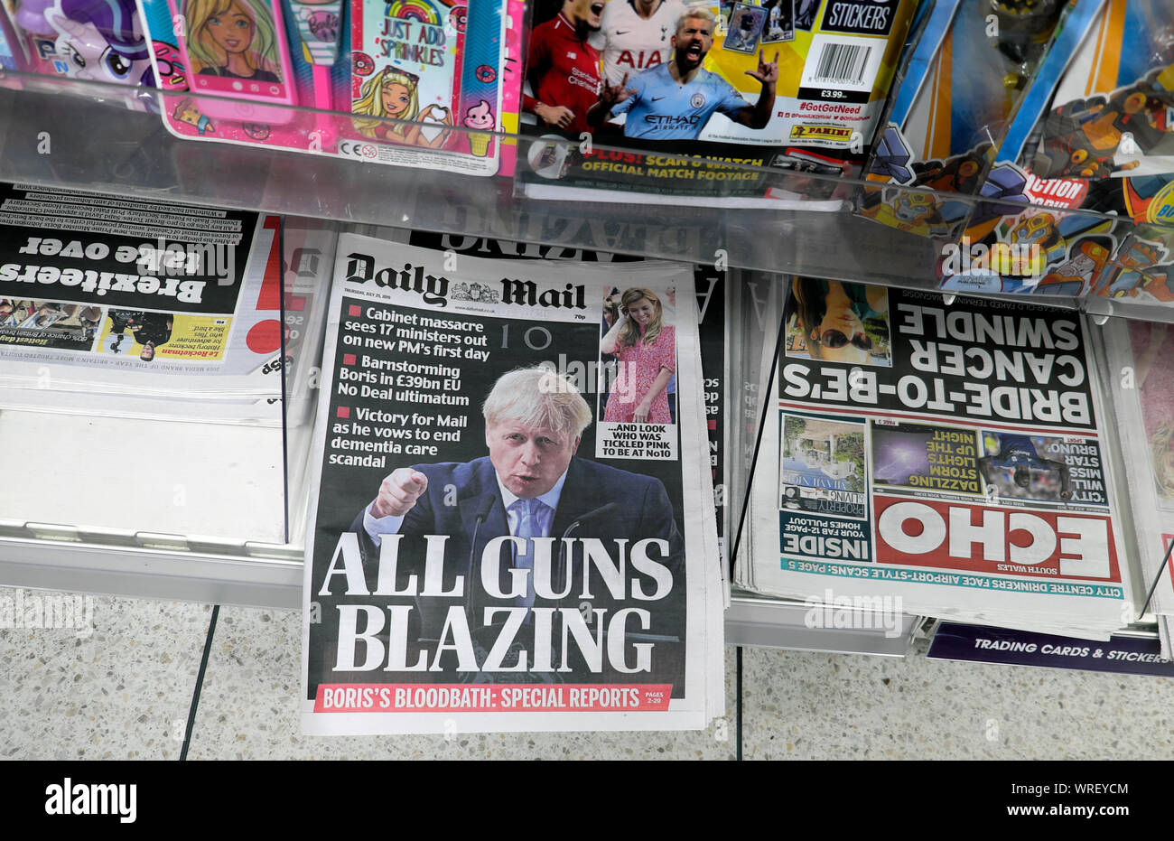 Daily Mail front page headlines 25 July 2019 Boris Johnson 'All Guns Blazing' 17 Cabinet Ministers out on PM's 1st day Stock Photo