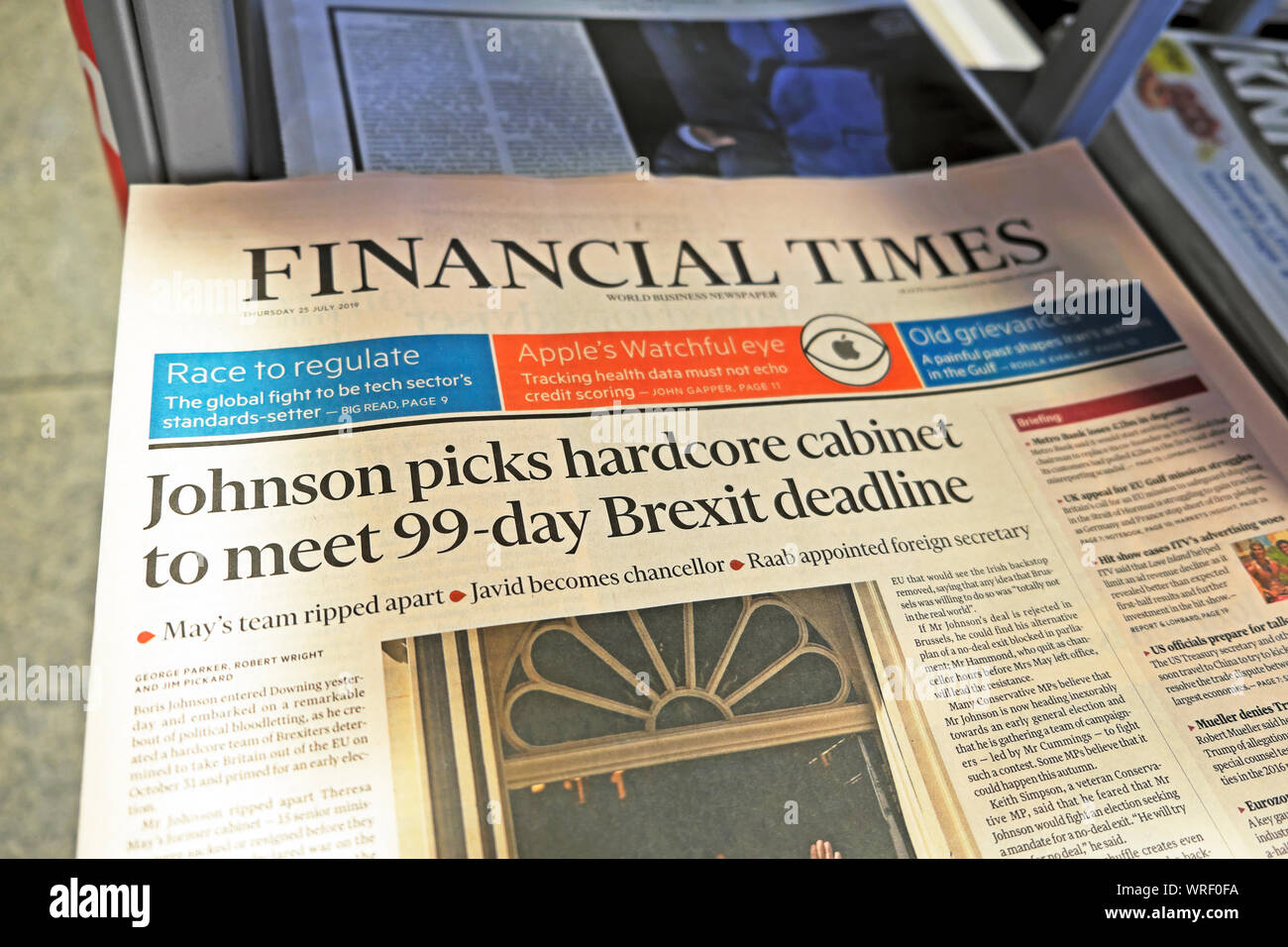 Financial Times headline Tory PM Boris 'Johnson picks hardcore cabinet to meet 99 - day Brexit deadline' 25th July 2019 London England UK Stock Photo