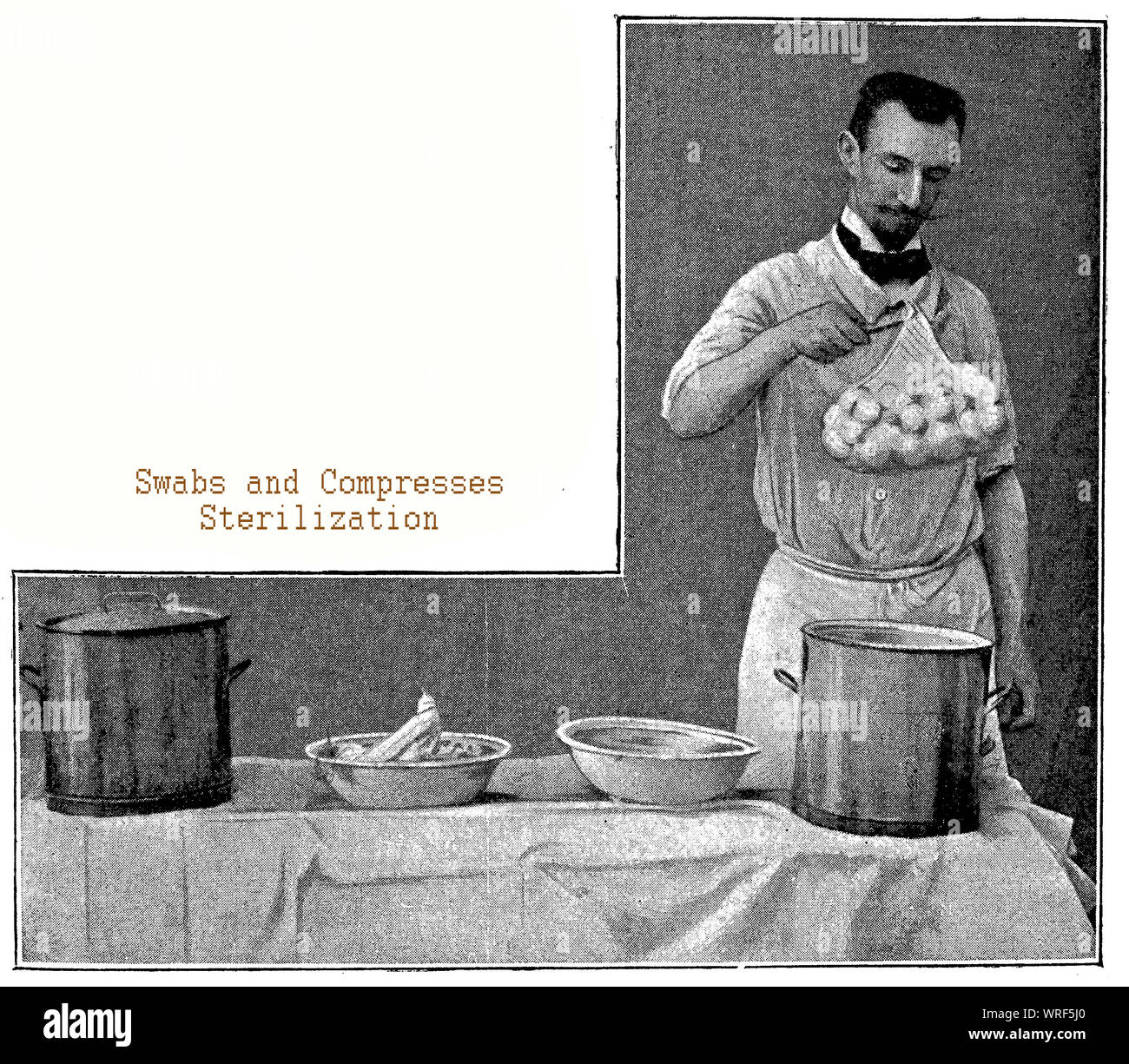 Surgical operation preparation - not only instruments, but also linens, dressings amd compresses were sterilized with a boiling procedure introduced at the end of 19th century Stock Photo
