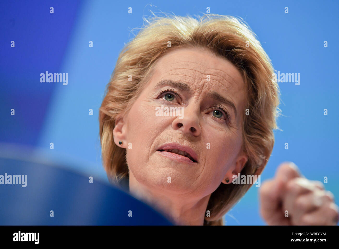 Brussels, Belgium. 10th Sep, 2019. Ursula Von Der Leyen, president-elect of the European Commission, speaks at a press conference on the unveiling of the line-up of the next European Commission in Brussels, Belgium, Sept. 10, 2019. Credit: Riccardo Pareggiani/Xinhua Credit: Xinhua/Alamy Live News Stock Photo