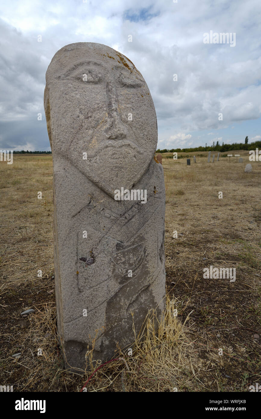 A ancient tombstone of pre Mongol invasion in Kyrgyzstan. Stock Photo