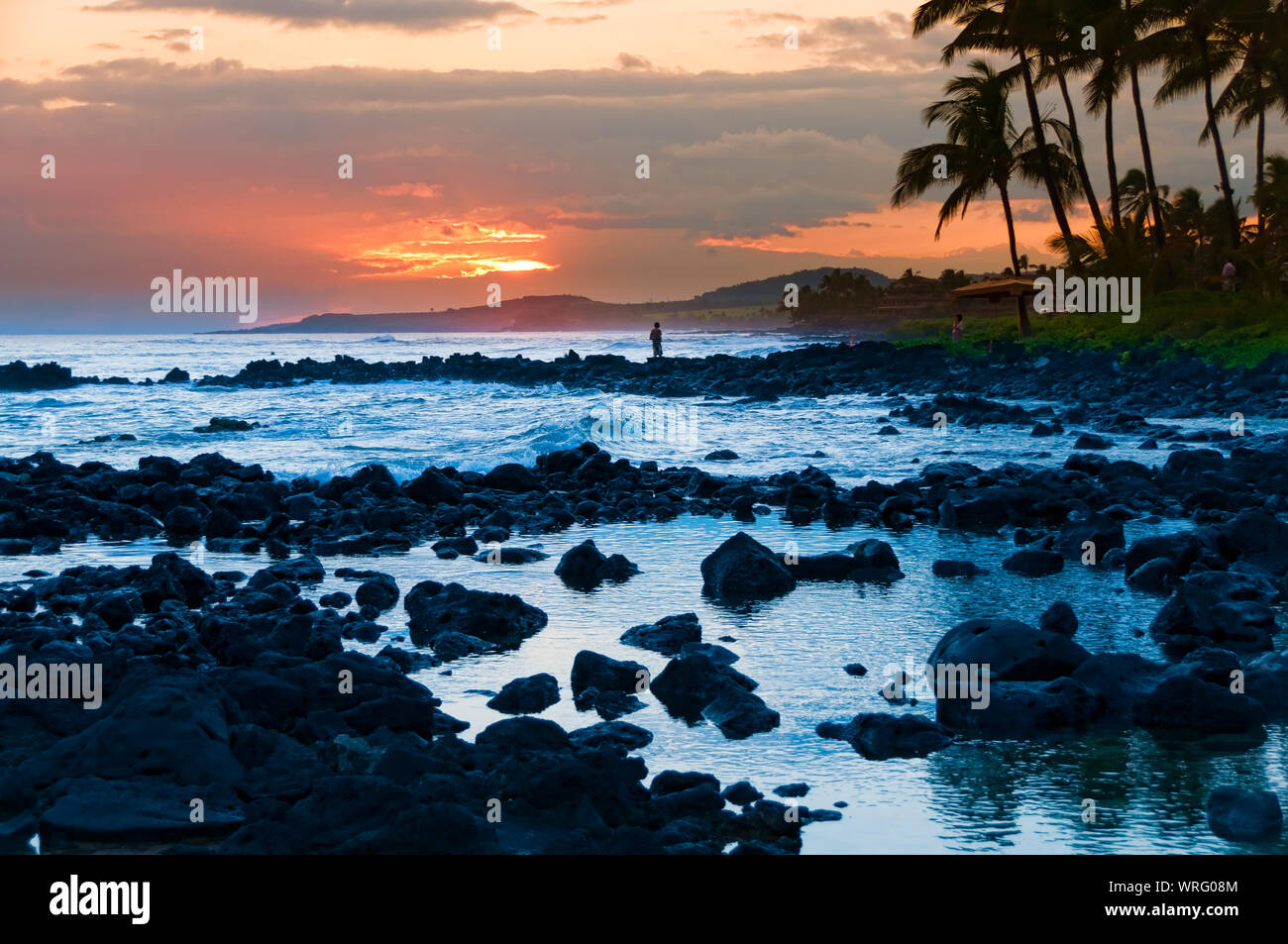 Palm trees silhouetted against a colorful tropical sunset and reflected in the Pacific Ocean on the island of Kauai, Hawaii, USA Stock Photo
