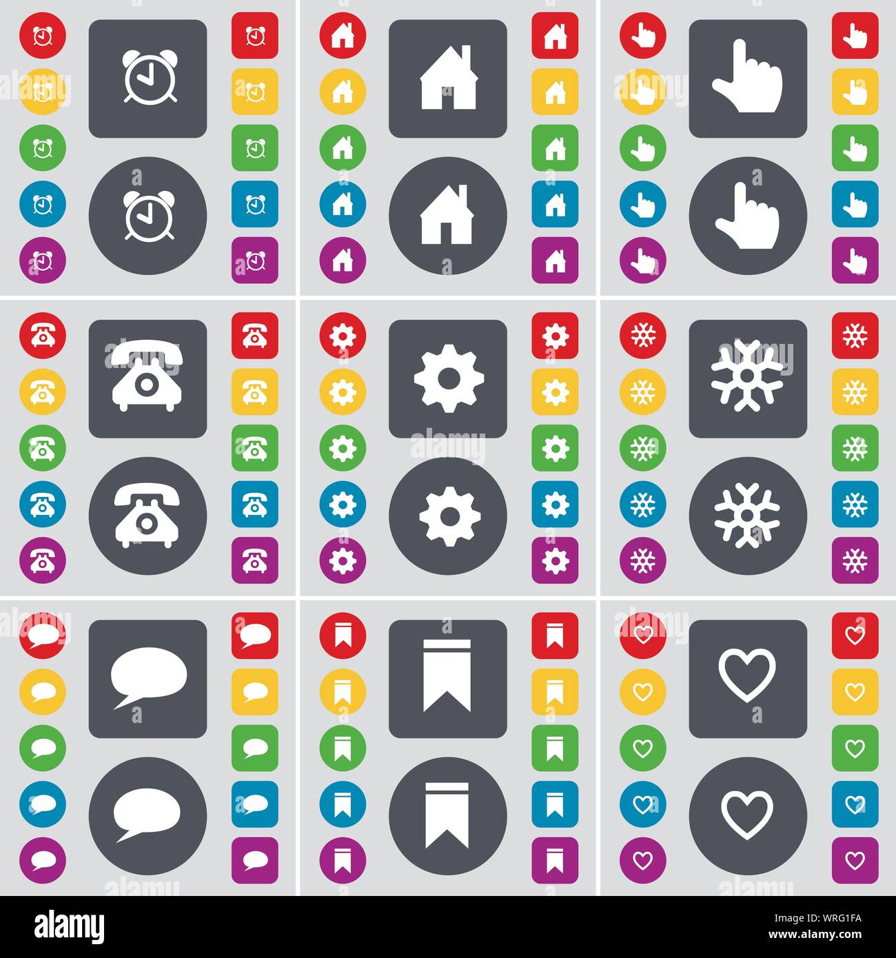 Alarm clock, House, Hand, Retro phone, Gear, Snowflake, Chat bubble ...