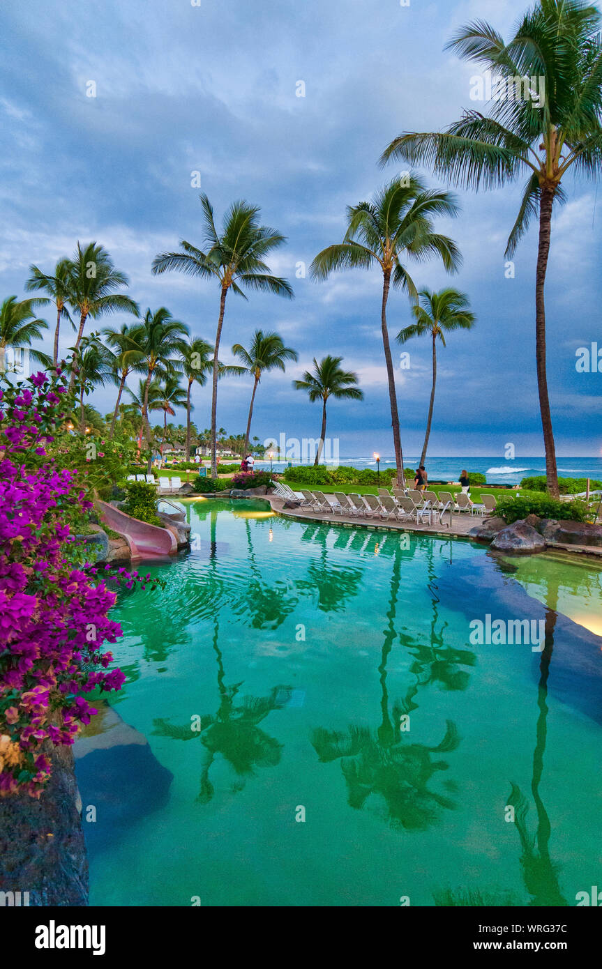 Overlooking a turquoise pool on the tropical island of Koloa, Kauai ...