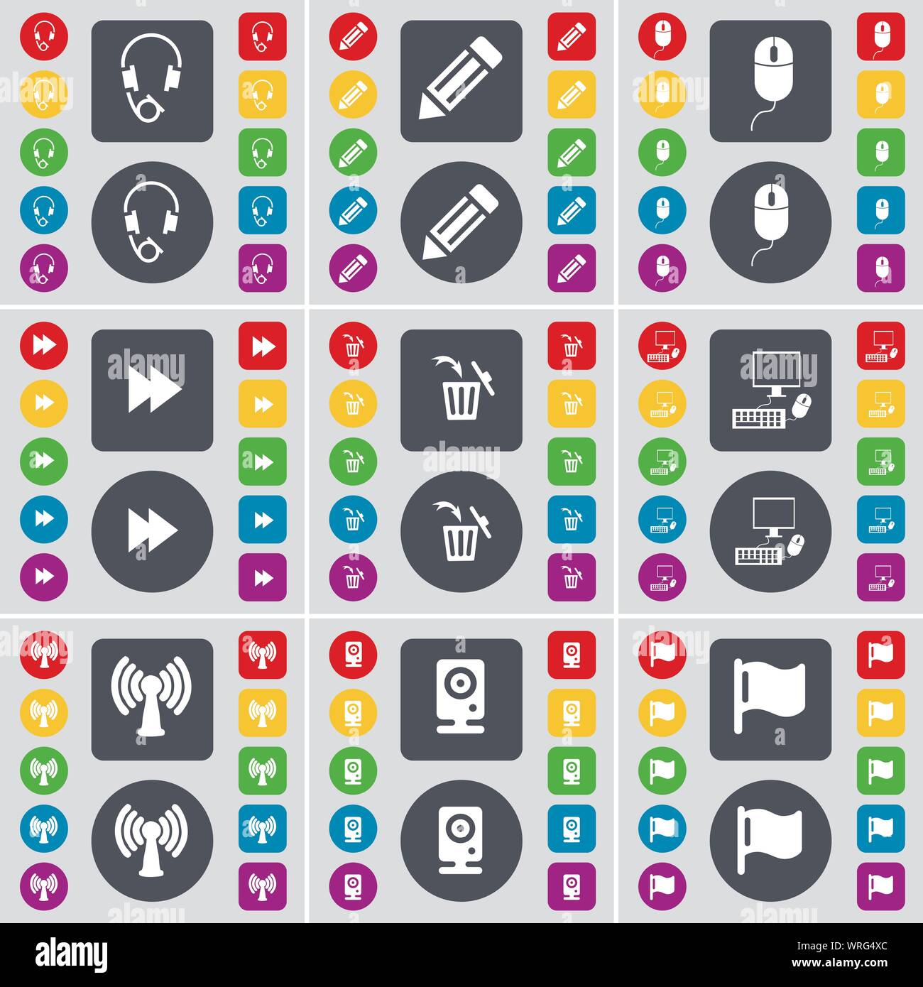 Headphones, Pencil, Mouse, Rewind, Trash can, PC, Wi-Fi, Speaker, Flag icon symbol. A large set ...