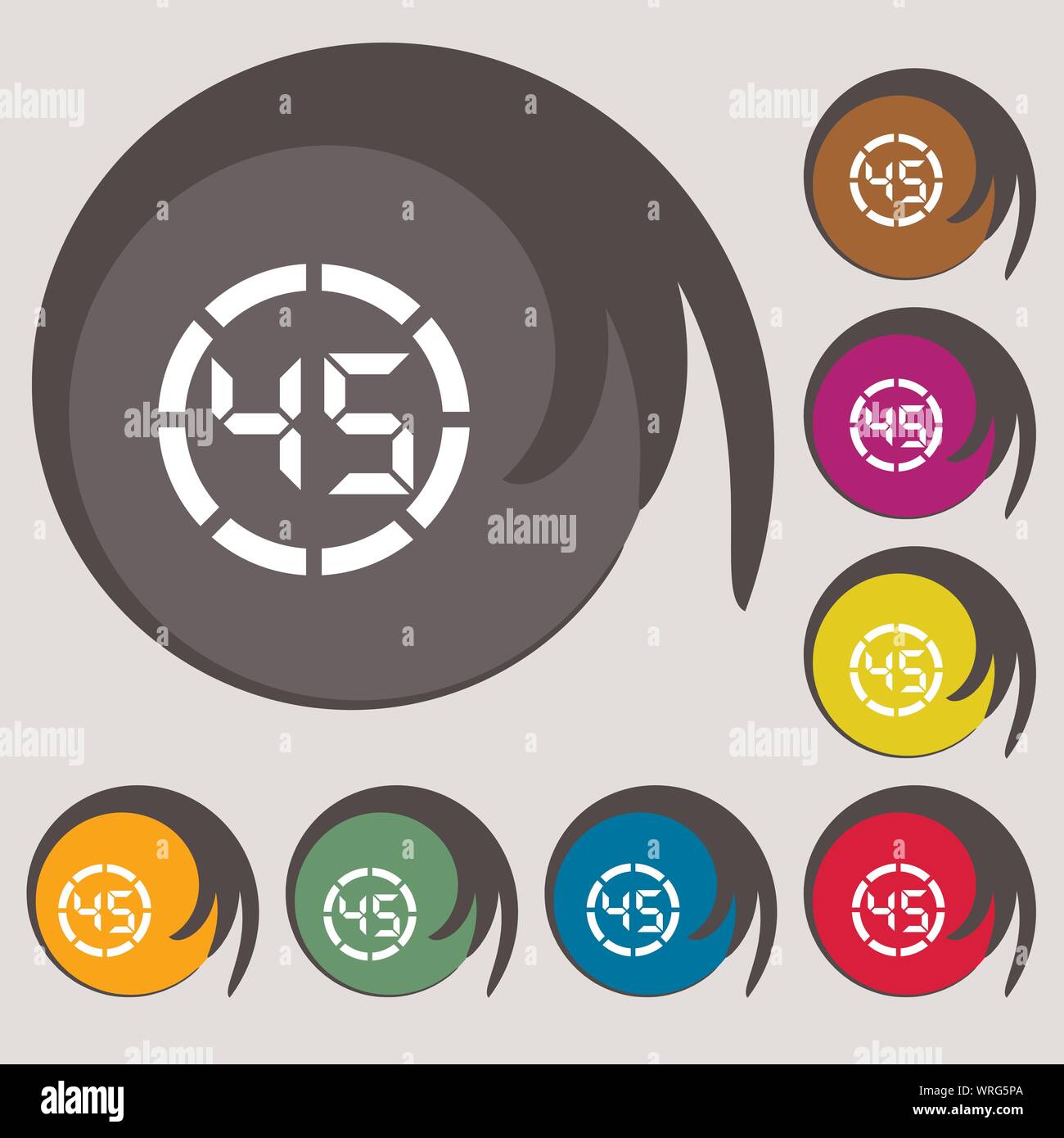 45 second stopwatch icon sign. Symbols on eight colored buttons. Vector